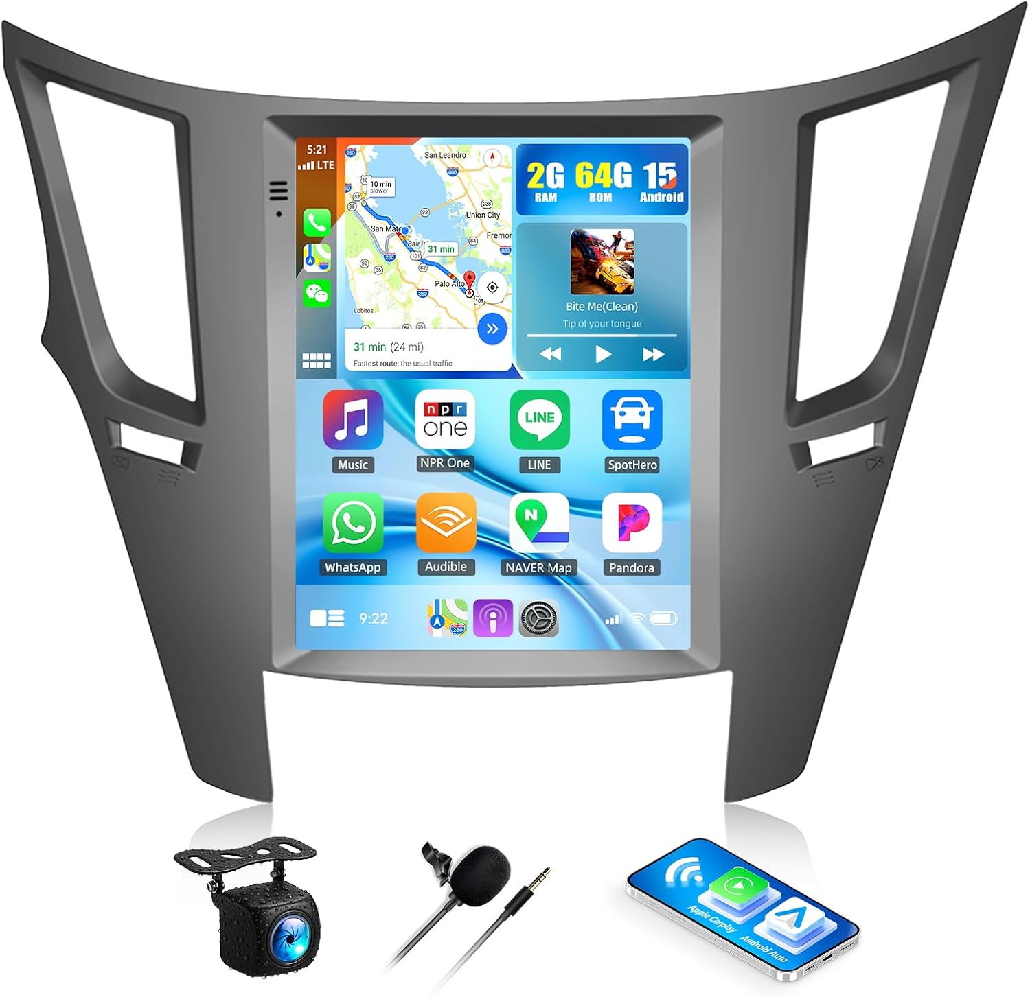 Camecho 2G+64G Android 15 Car Stereo for Subaru Outback 2010-2014 with Wireless Carplay Android Auto 9.7 inch Touch Screen Car Radio with Bluetooth, GPS, EQ, WiFi + AHD Backup Camera & MIC