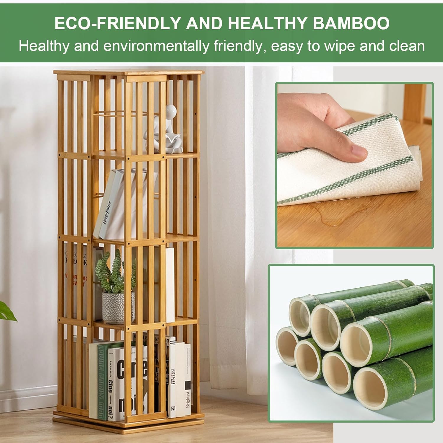 ARMERI 6 Tier Wooden Bookcase Corner Tall Book Shelf Modern with Open Design Shelving Unit 360 Display Rotating Bookshelf Bamboo Book Shelf Organizer for Bedroom, Living Room, Study Room,Brown,6 Tier