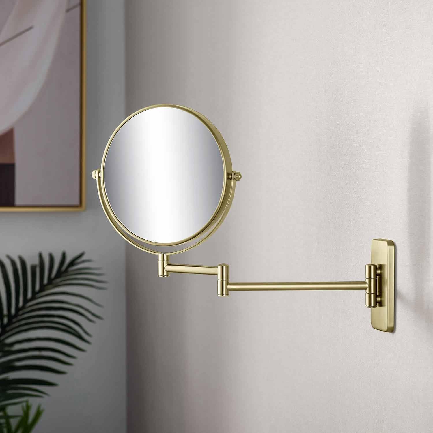 KIBI Circular Wall Mount Makeup Mirror, Dual-Sided 1x/5x Magnifying Mirror with Extendable Arm, 360° Swivel, Solid Brass Construction for Durability and Style (Brushed Gold, KMM100)