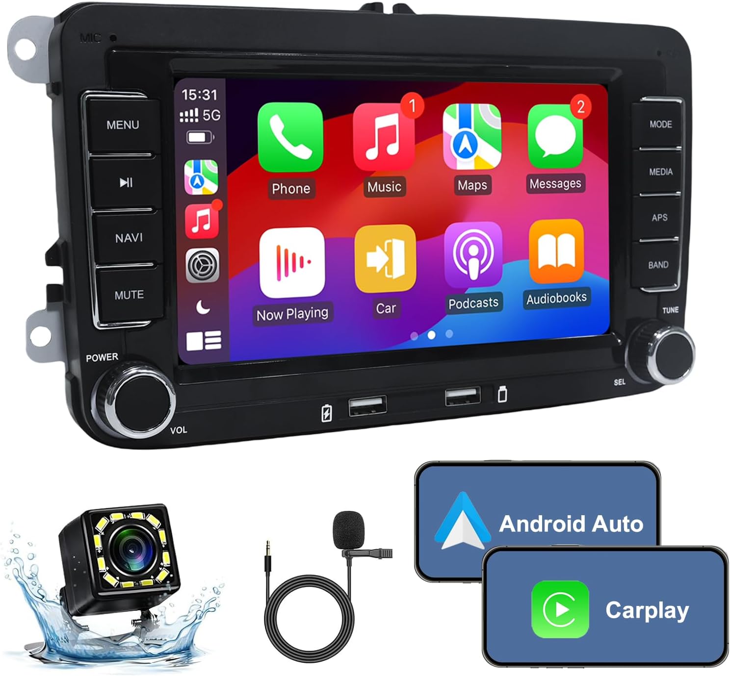 2G+32G Android13 7 Inch IPS Screen Wireless CarPlay Android Auto Car Stereo for VW Jetta Seat Passat Tiguan CC Golf Skoda Radio with FM BT GPS WiFi SWC USB Quick Charge Backup Camera MIC