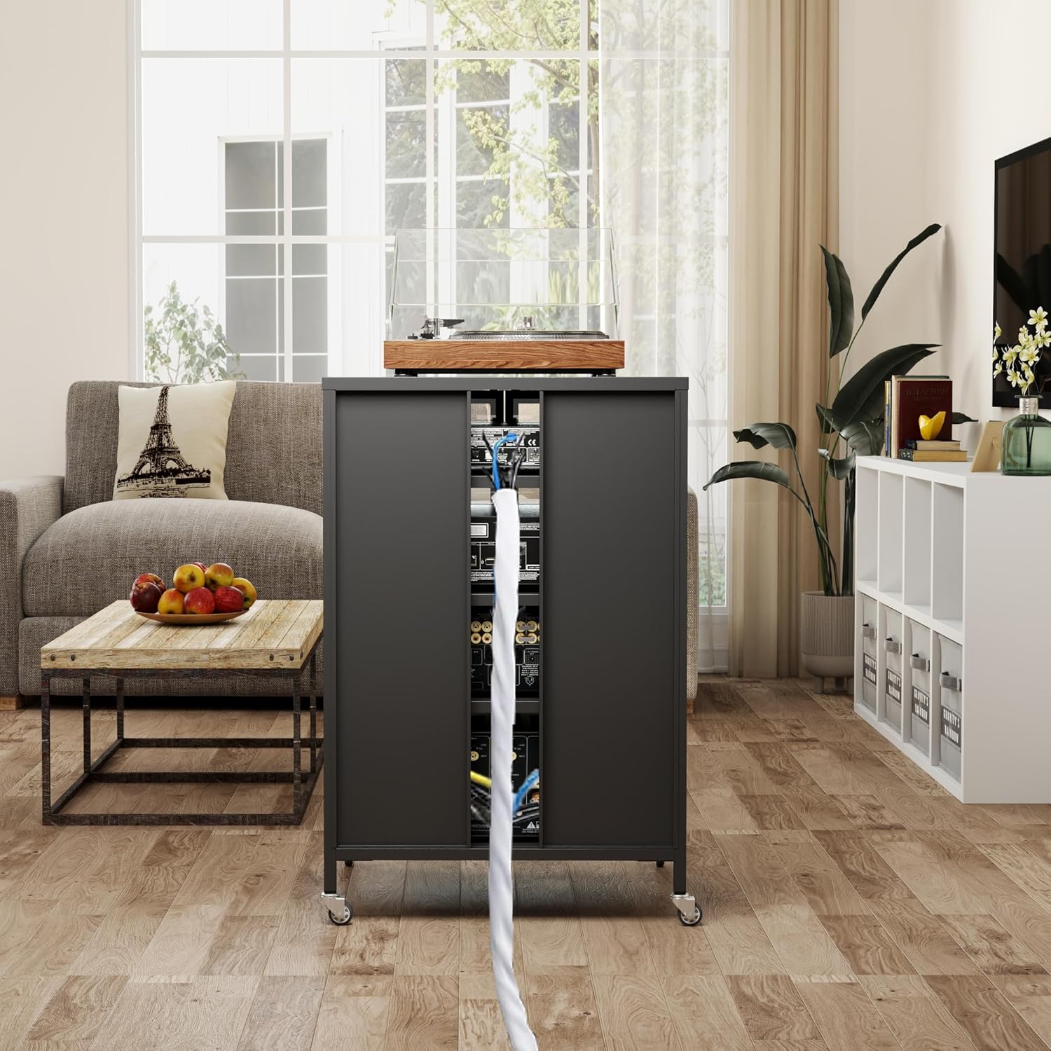 Stereo Cabinet, Metal Media Storage Cabinet with Glass Doors, Audio-Video Media Stand with 4 Adjustable Shelves, AV Stand for Meeting, Living, Recording Room, Require Assembly, Black