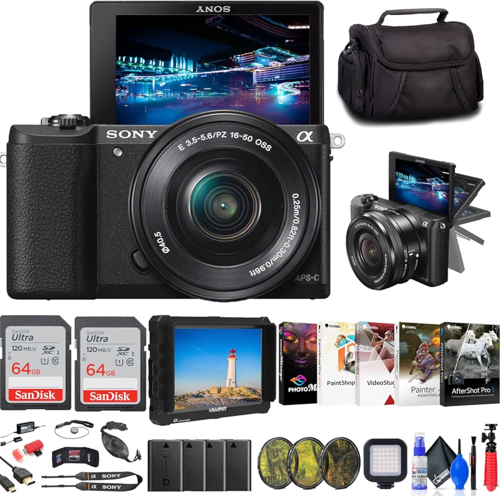 Sony Alpha a5100 Mirrorless Digital Camera with 16-50mm Lens (Black) + 4K Monitor + Filter Kit + 2 x 64GB Card + 3 x NPF-W50 Battery + LED Light + Corel Photo Software + More (Renewed)