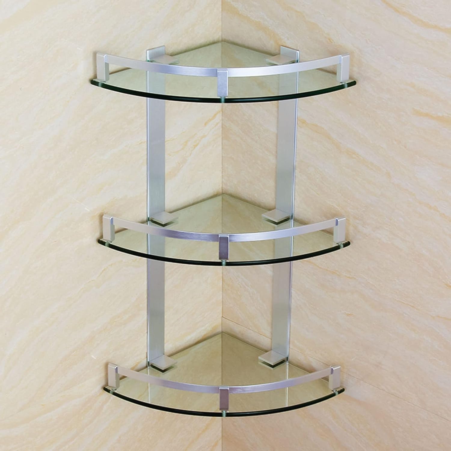 Bathroom Corner Shower Shelf, 3 Tier Glass Organizer Shelves, Aluminum Caddy Rack Triangle Wall Mount 7mm Glass Bathroom Shelf