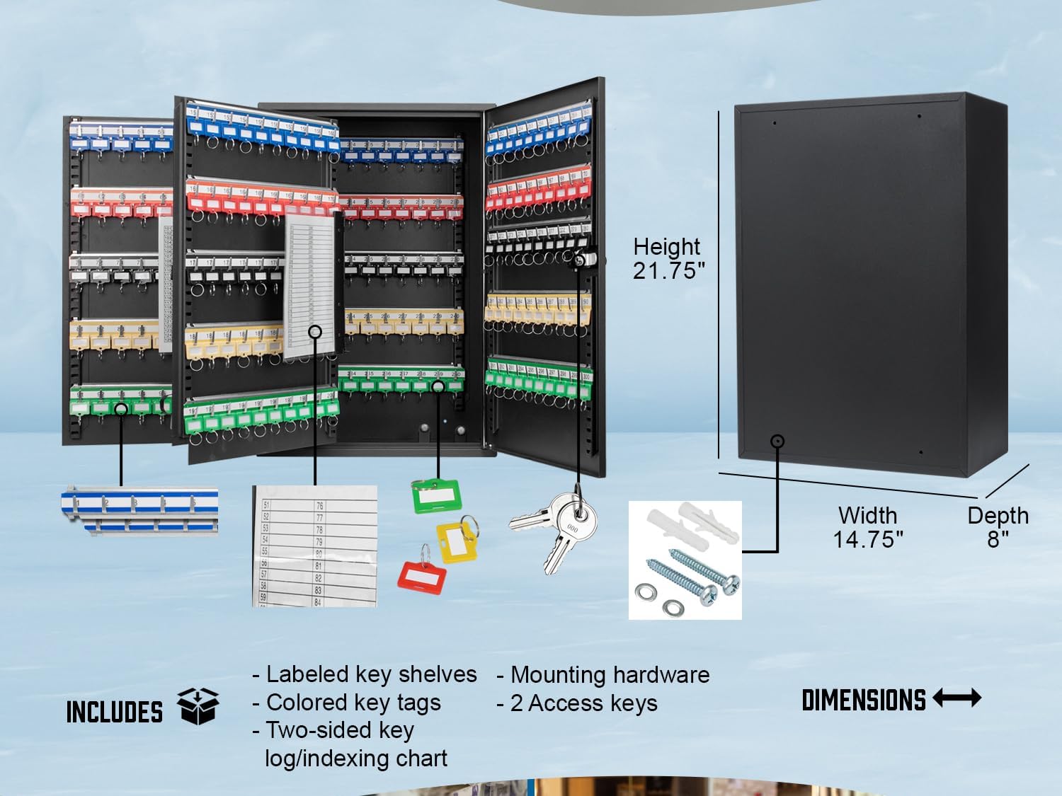 Barska 300 Position Key Lock Box – Wall Mount Key Cabinet with Numbered Hooks, Key Log Sheet, Colored Key Tags, Labeled Shelves, Solid Steel Construction – Secure Key Organizer