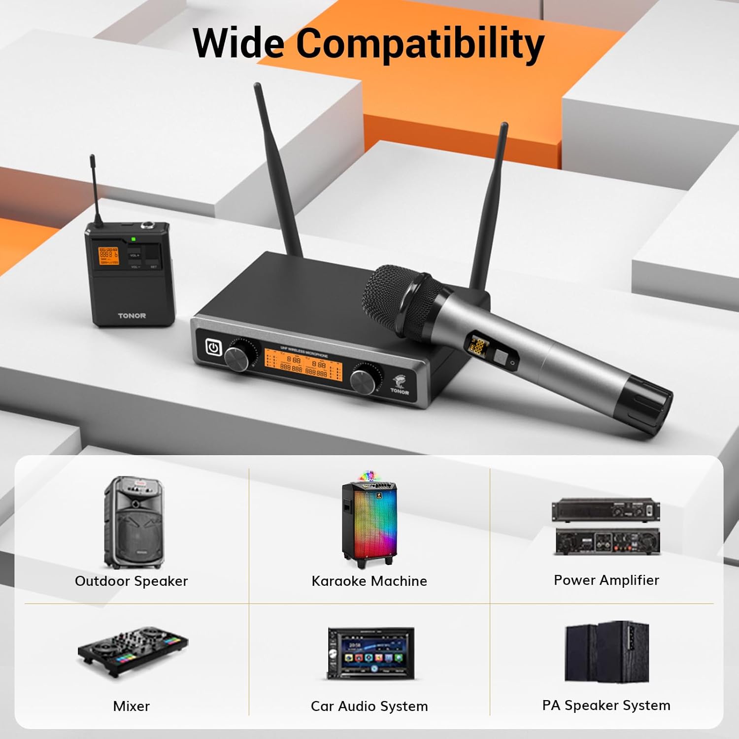 TONOR Wireless Microphones System with Metal UHF Headset/Lapel/Lavalier/HandheldMics, Cordless Bodypack Transmitter, Receiver for Karaoke Church Singing Party PA DJ Speaker, 2*15 Channels 200ft Range