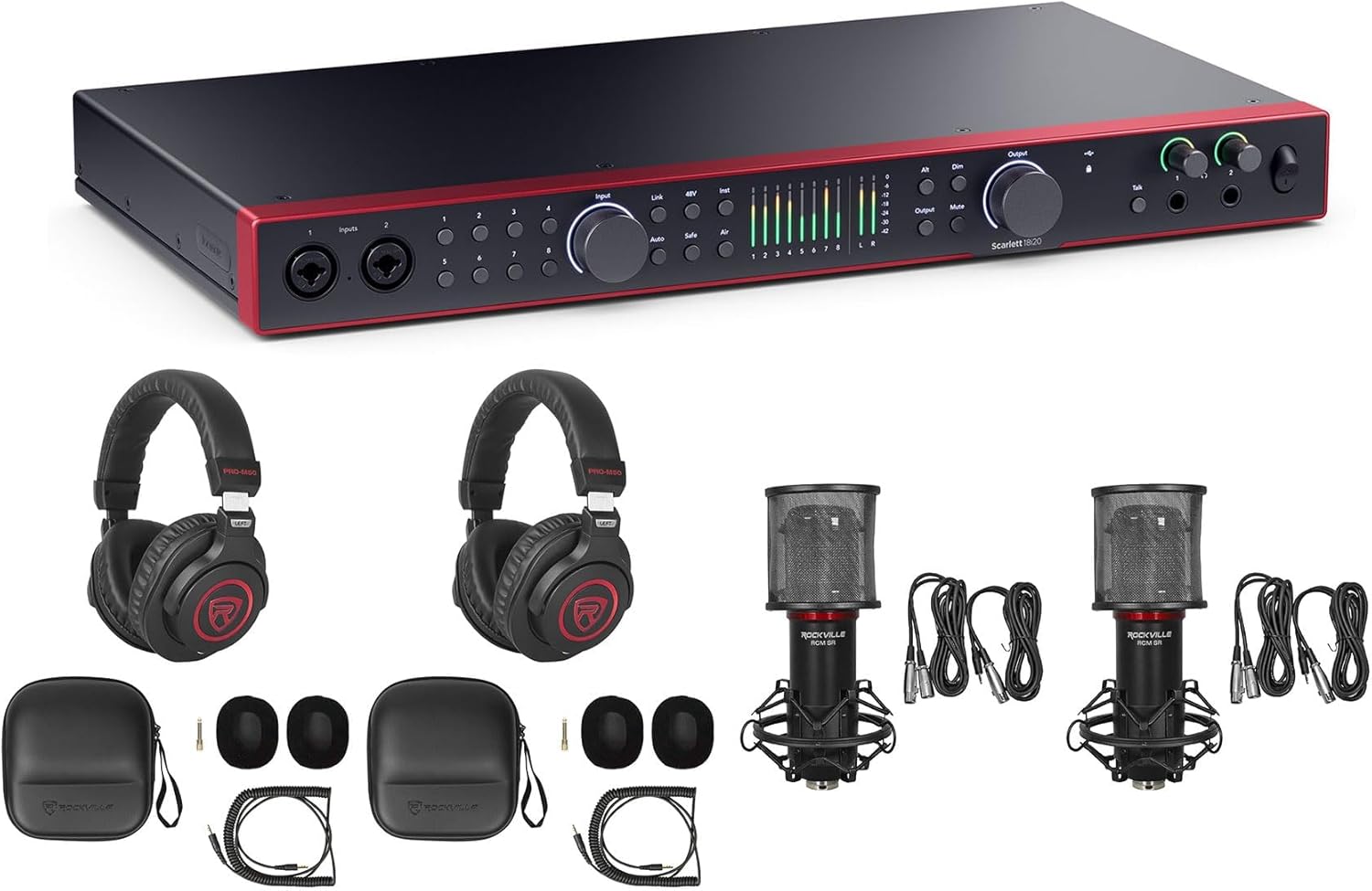 Audiosavings Bundle: Focusrite SCARLETT 18I20 4G 4th Gen 24-bit Audio Recording Interface Bundle with (2) Rockville PRO-M50 SR Headphones+(2) RCM SR Studio/Recording Condenser Microphone (5 Items)