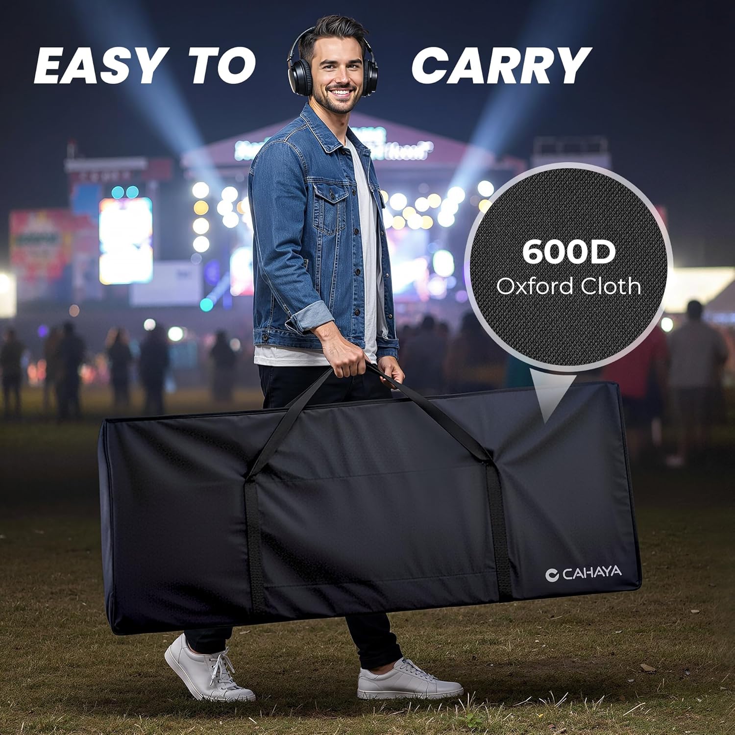 CAHAYA DJ Booth Stand Portable - DJ Table Facade with Black & White Scrims DJ Stand Foldable for Laptop & Controller Double Top Corners, Storage Bag, Cable Holes, 40