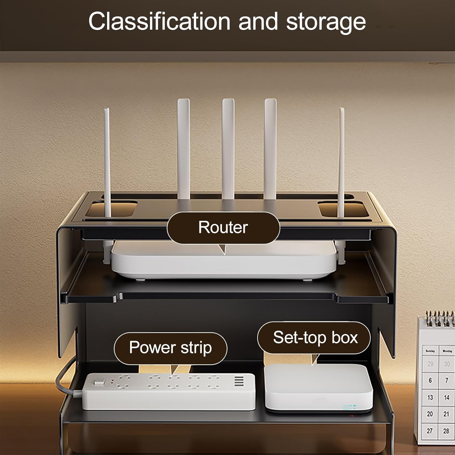 Rattan Router Shelf, WiFi Box Hider with Hollowed-Out, Cable Power Plug Wire Storage Boxes, Rustic Home Organization Solution for Most Routers