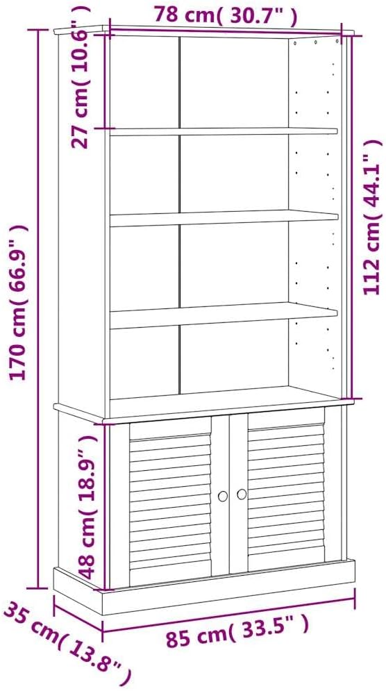 Rustic 6-Tier White Bookcase 33.5 x 13.8 x 66.9 in Solid Pine Wood Shelf Unit with Louvered Doors for Living Room Bedroom Office Storage