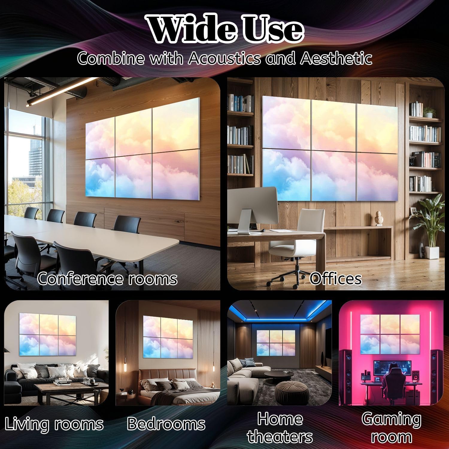 6 Pack Art Acoustic Panels Rainbow Clouds Sound Absorbing Panel 48