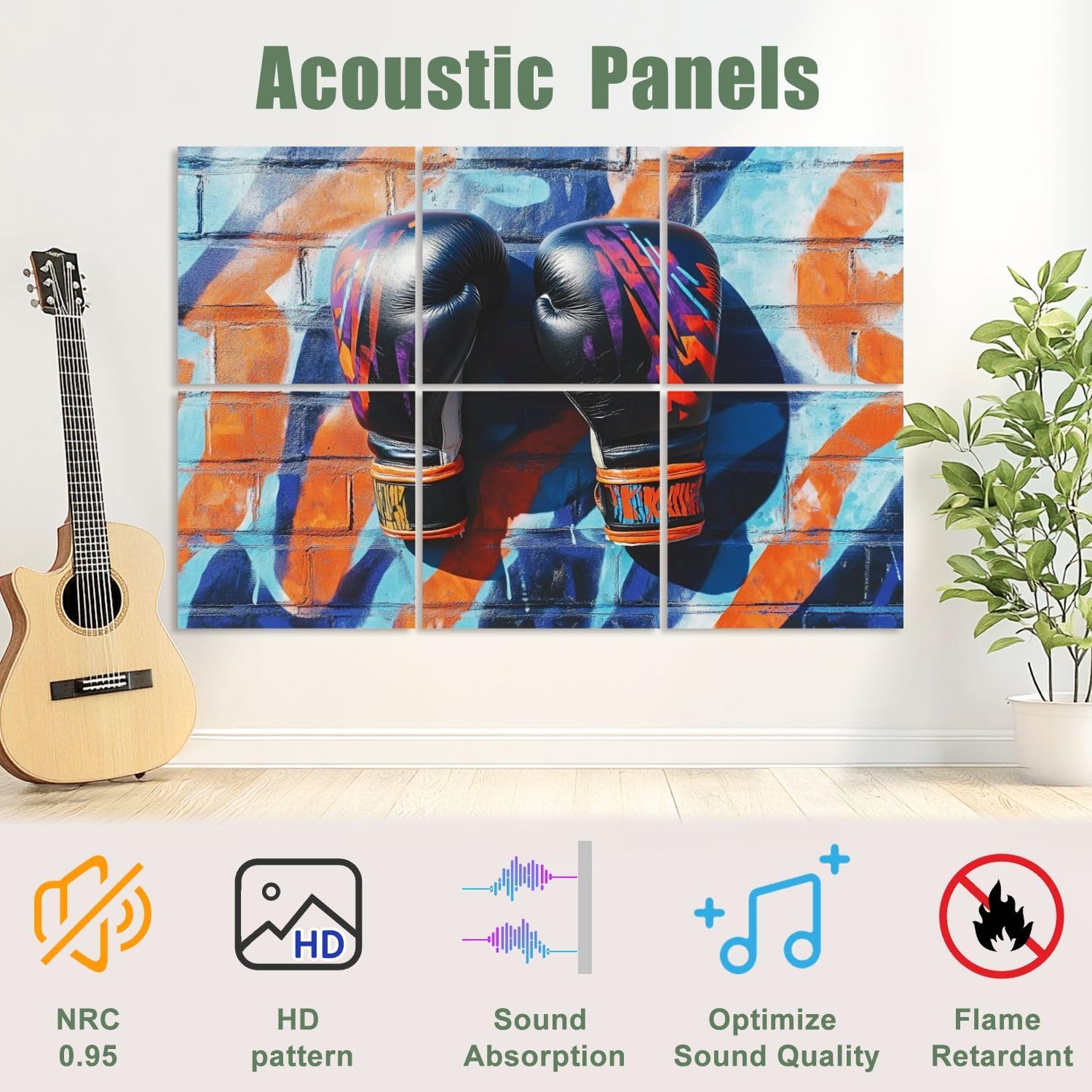6 Pack Art Acoustic Panels Sound Absorbing Graffiti Boxing Gloves Sport Modern Abstract Patterns Vibrant Color Decorative Soundproof Wall Panels Self Adhesive for Recording Studios Office 72