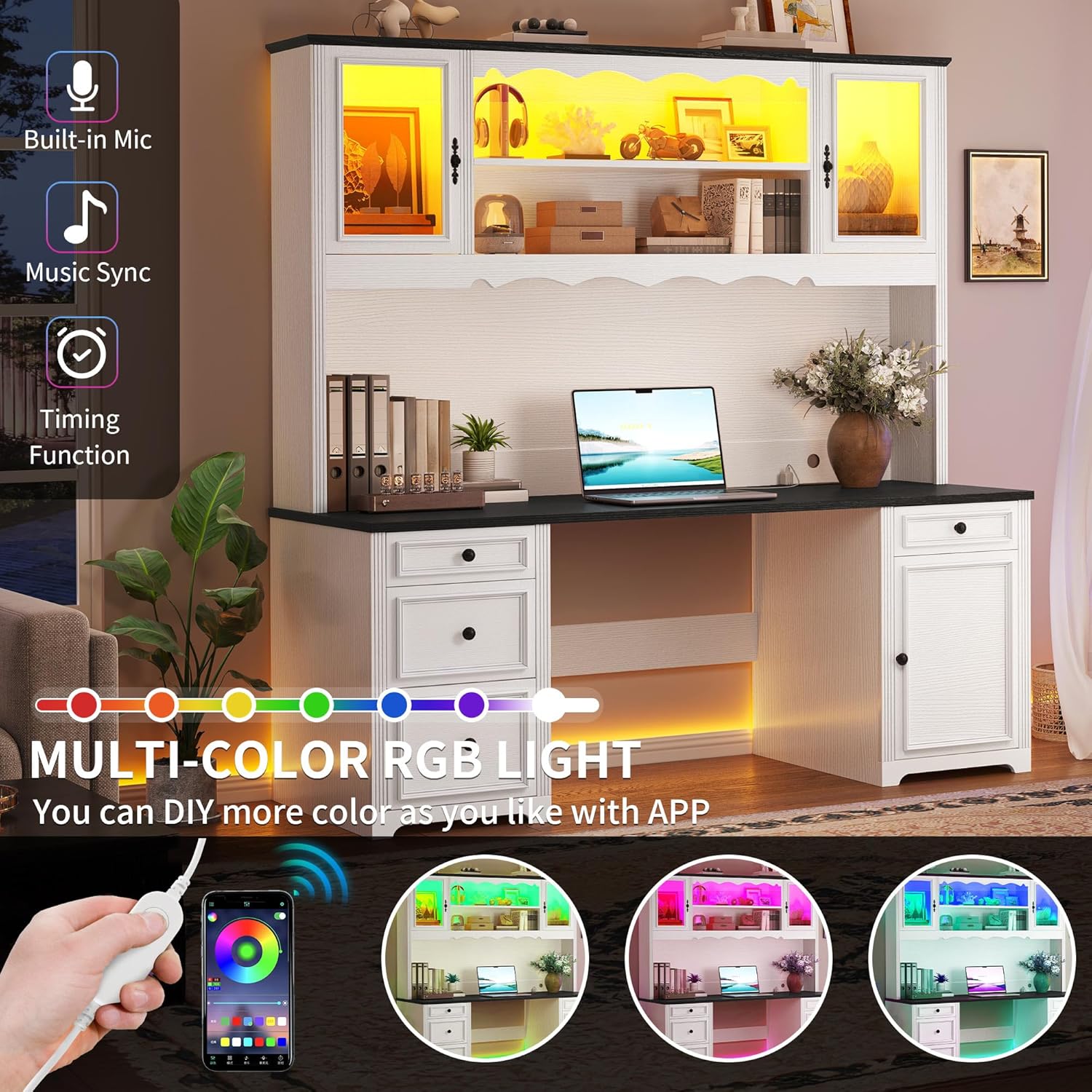 YITAHOME Executive Desk with Hutch and Drawers, Farmhouse Computer Desk with Power Outlet & LED Lights, Home Office Desks with Storage Shelves, Storage Cabinet with Glass Door, White & Black