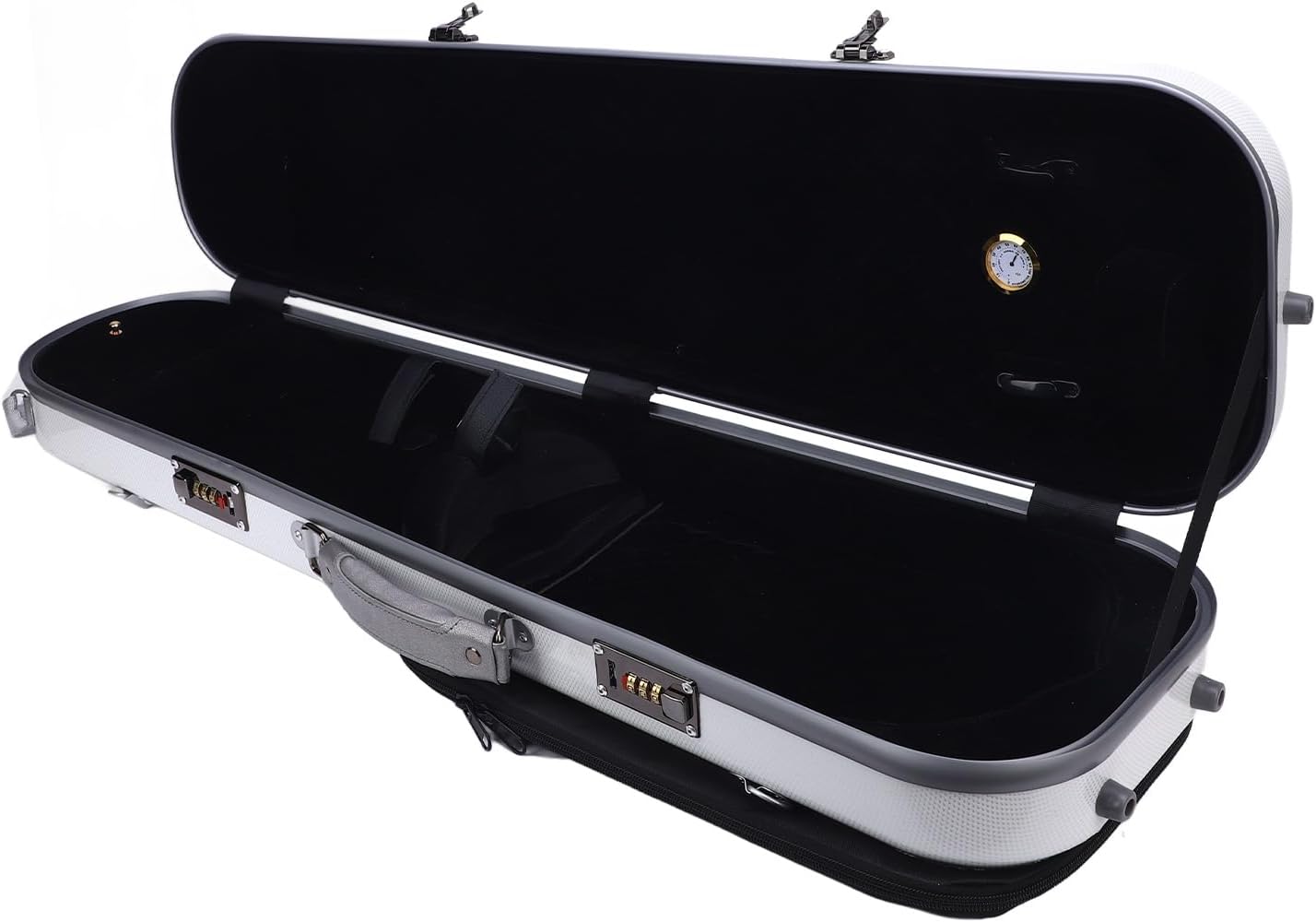 White 4/4 Carbon Fiber Violin Case Secure Locks Hygrometer 2 Shoulder Straps for 4/4, 3/4, 1/2, 1/8 Violins