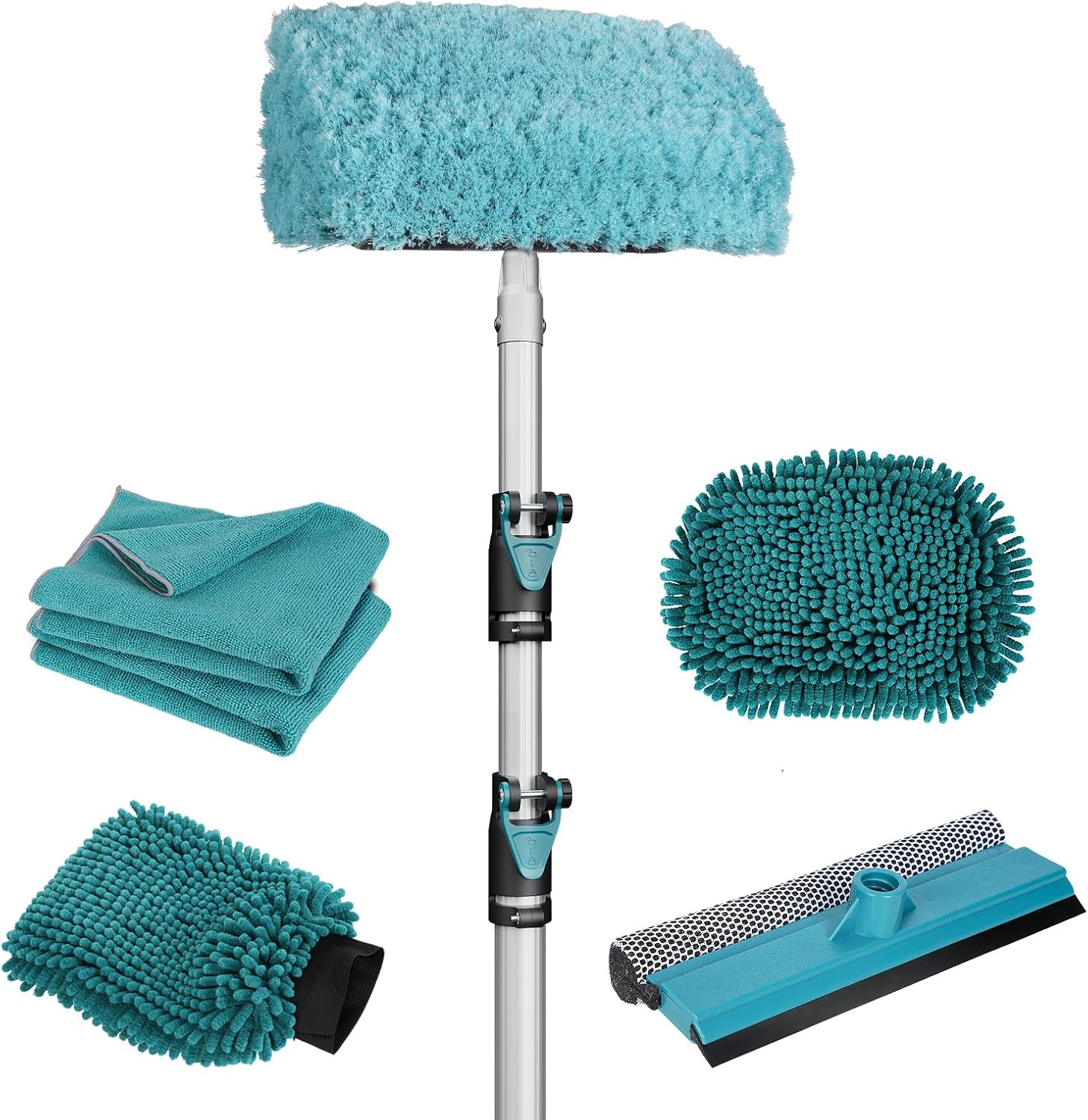 12FT Car Wash Brush with Long Handle, Car Cleaning Kit with Soft Wash Brush, Tire Brush, Window Squeegee, Microfiber Cleaning Head, Mitt, for House Siding, Auto Cars, Trucks, SUV, RV, Floors