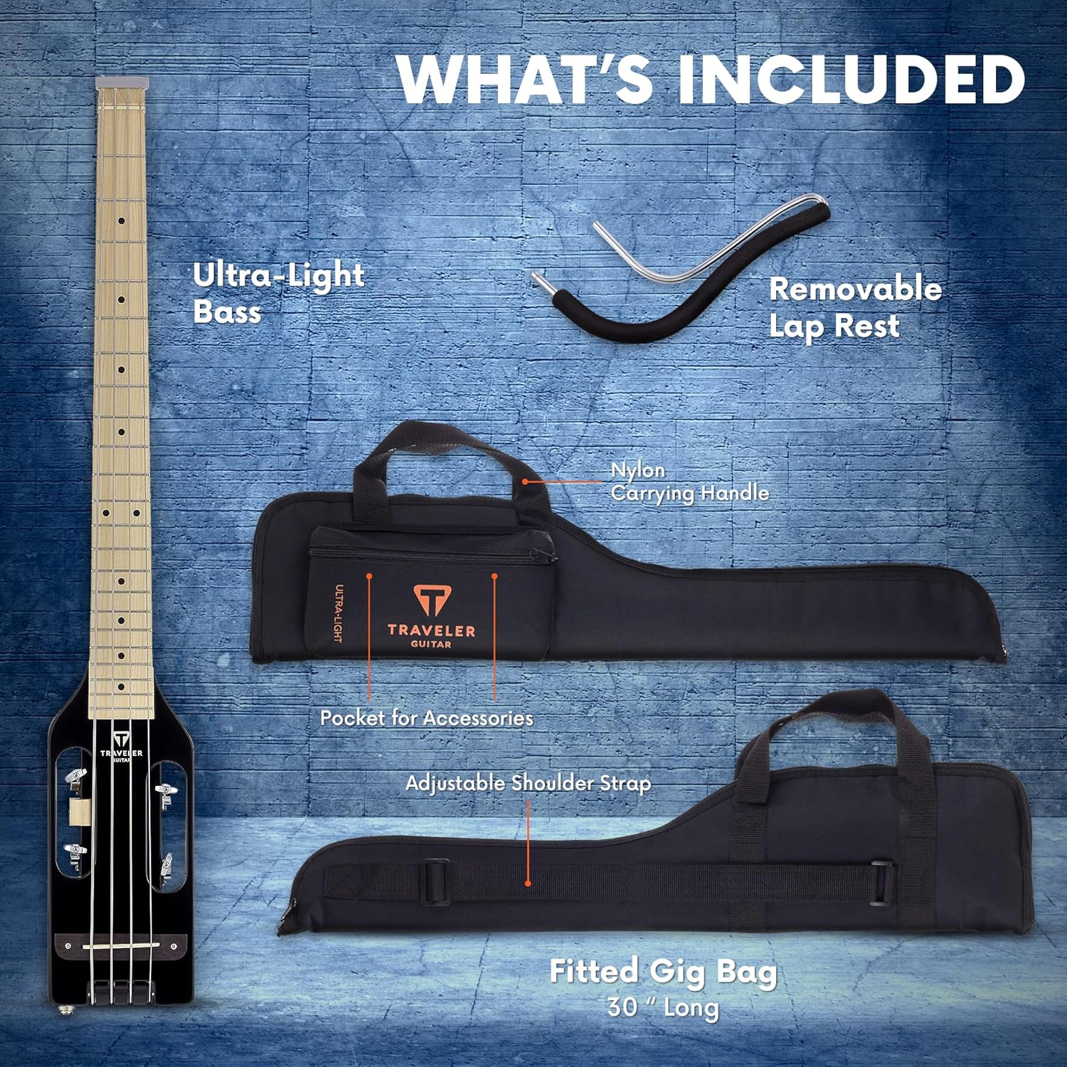 Traveler Guitar Ultra-Light Gloss Black Bass Guitar | Small Bass Travel Guitar with Removable Lap Rest | 30