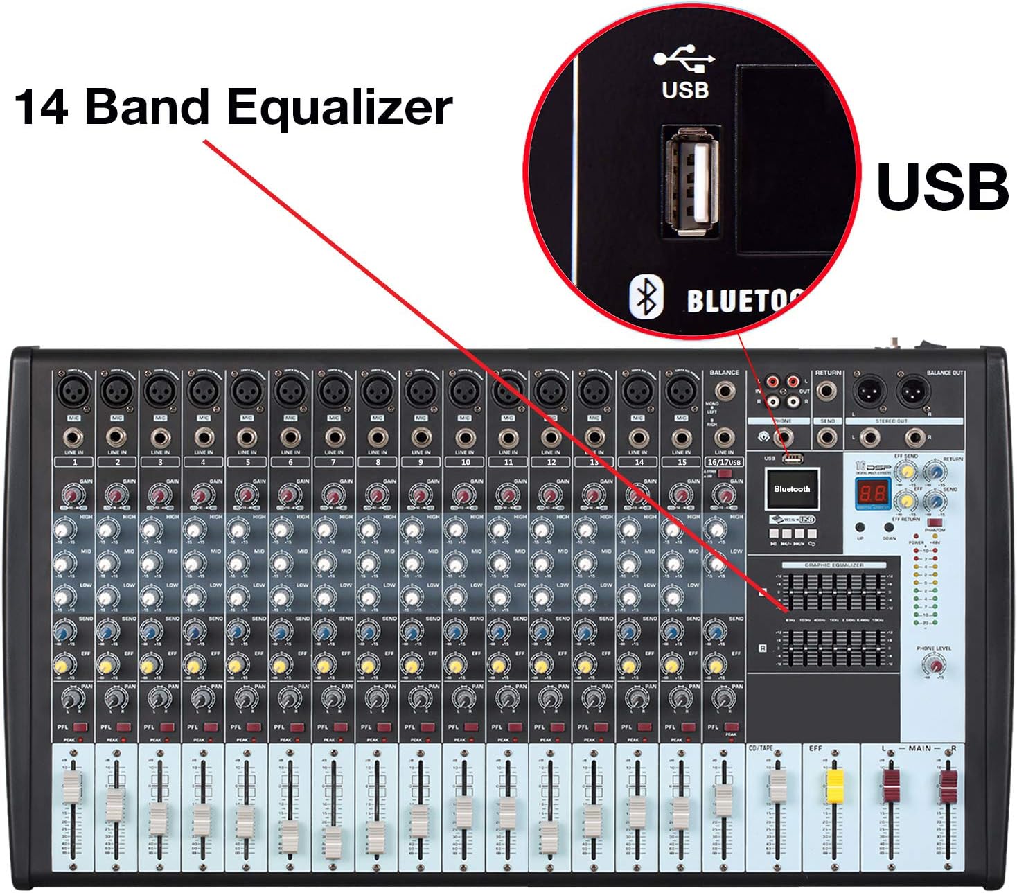 Boytone,16 Channel Professional Bluetooth Studio Audio Mixer - DJ Sound Controller, USB MP3 Player, Recording, 15 Microphone Jack,14 Band EQ, 48V Phantom Power, 16 BIT Digital FX, Unpowered (BT-160MX)