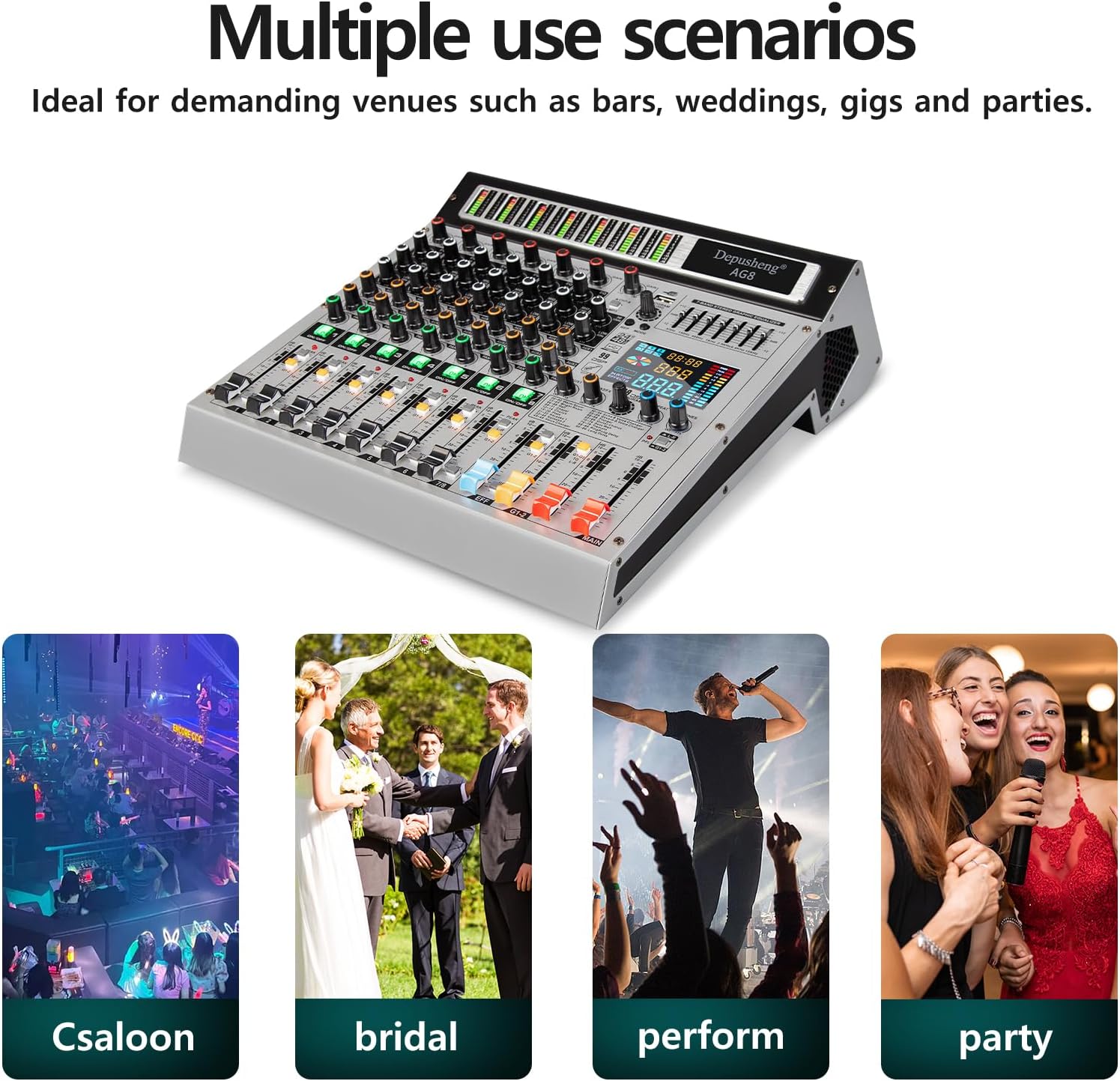 Depusheng AG8 Professional audio mixer 8 Channel with MP3 Player Source USB recording,With grouping and 2 AUX interfaces, 99DSP EFFECTfor Professional and Beginners