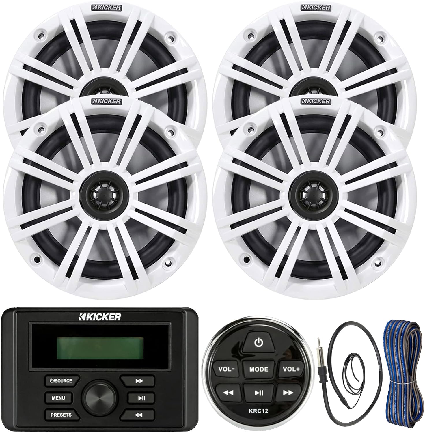 Kicker Weather-Resistant Marine Bluetooth USB RCA Stereo Receiver w/Remote Bundle with (QTY 4) 6.5