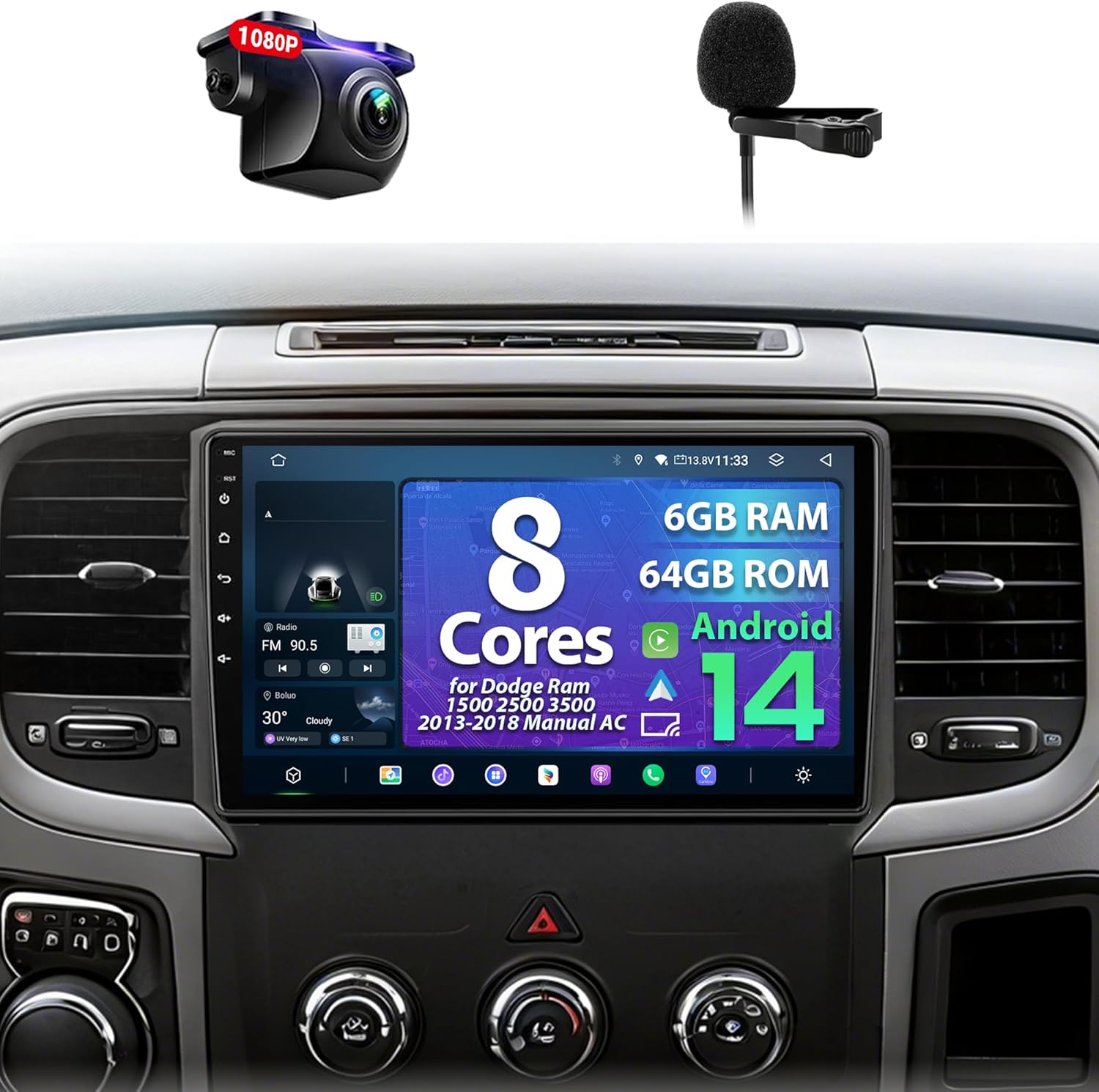 8 Core 6+64G Car Radio for Dodge Ram 1500 2500 3500 2013-2018 Manual AC with Wireless CarPlay & Android Auto, 9