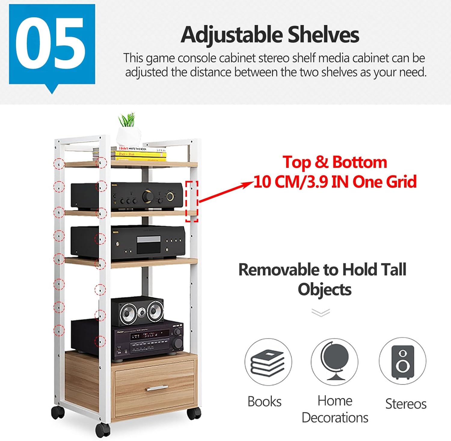 Av Media Stand Corner Shelf - Rack Audio Tower with Adjustable Shelves - 79 100 120Cm Tall Shelf Stand with Wheels - Audio Equipment Rolling Cart Rack Portable for Home,4Tiers-120cm Tall