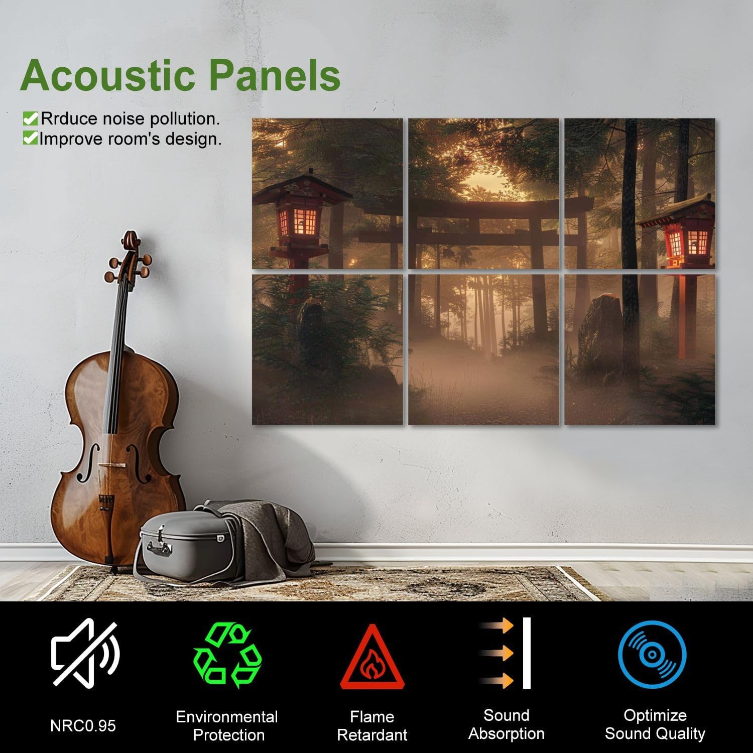 Art Acoustic Panels Self Adhesive 3d rendering an old japanese shrine gate stone 6 Packs Decorative Soundproof Wall Panels Large Sound Absorbing Panels for Home Office 48