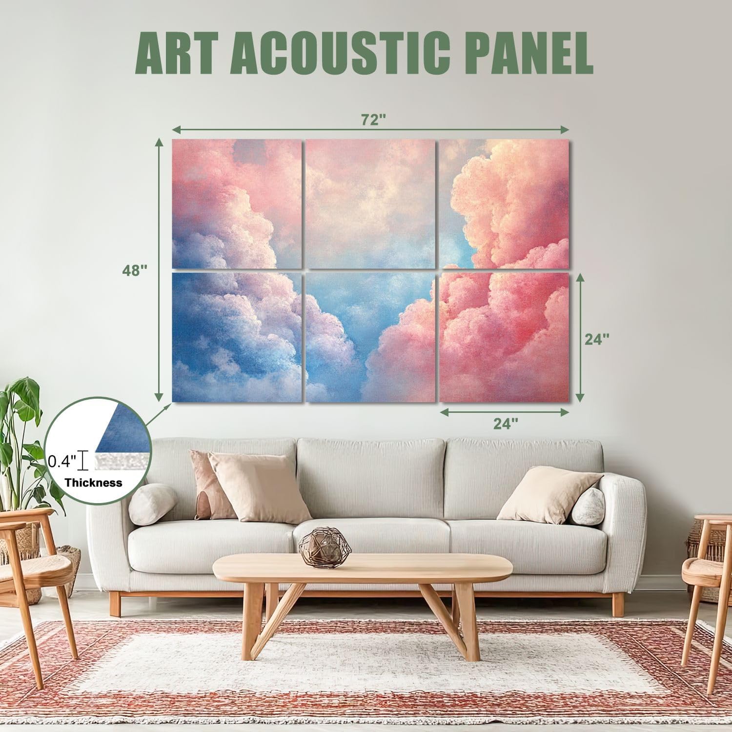 6 Pack Art Acoustic Panels Sound Absorbing Aesthetic Cloud Bright Blue Pink Sky Decorative Clouds Pastels Decorative Soundproof Wall Panels Self Adhesive for Recording Studios Office 72