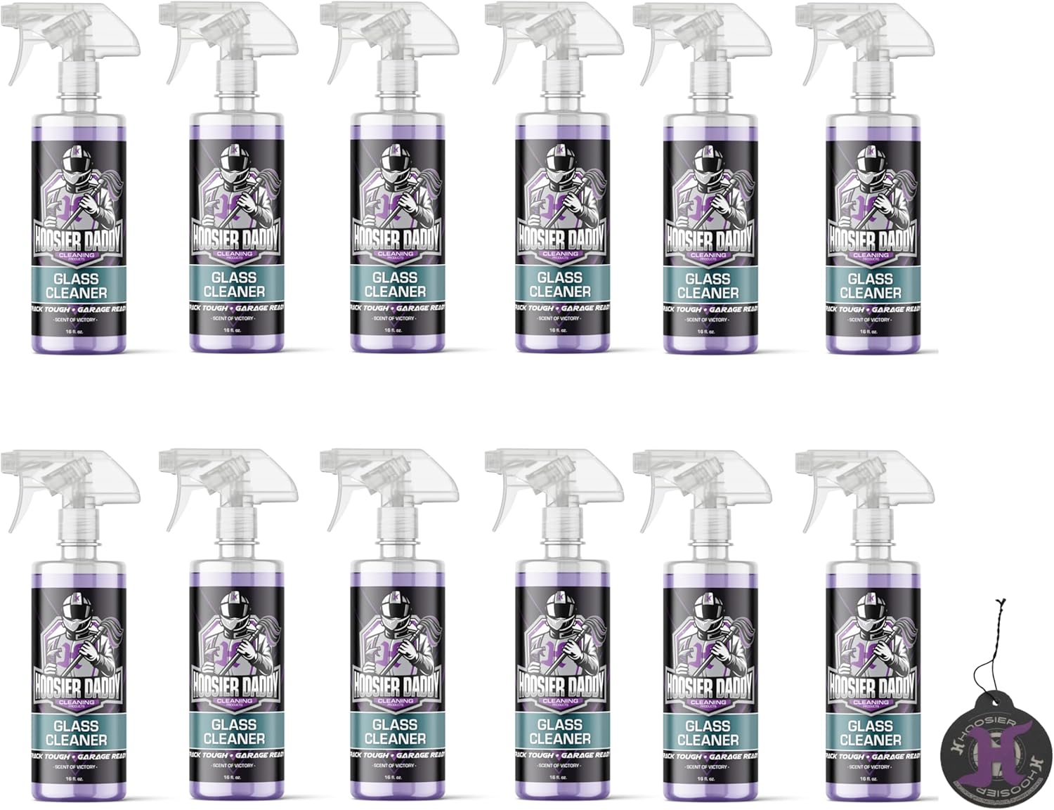 Hoosier Daddy 16oz Glass Cleaner - Streak-Free Formula for Crystal Clear Windows, Mirrors, and Glass Surfaces, Easy Spray for Multi-Use on Cars, Trucks, SUV, House, and More + Air Freshener (12-Pack)