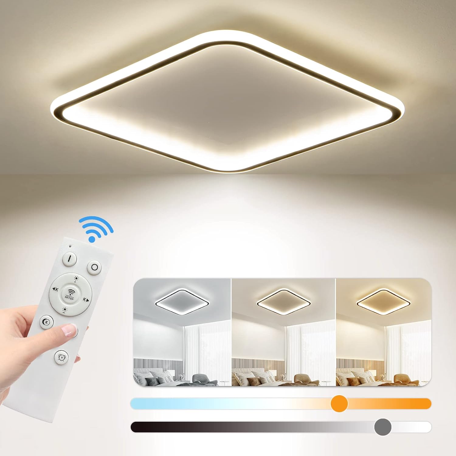 Modern Ceiling Lights，23.6 Inch Flush Mount CeilingLight, Square LED Ceiling Light Fixtures, Thin Modern CeilingLamp, Close to Ceiling Lights for Bedroom, Living Room, 3 Color Temperature Selectable