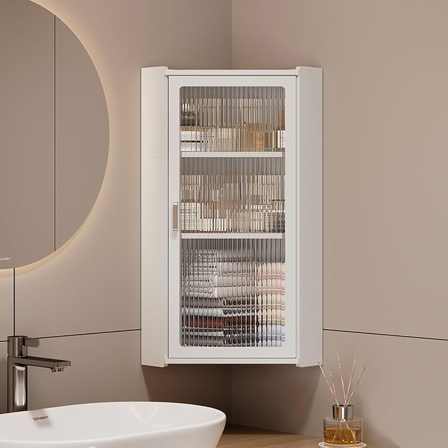 3-Tier Corner Spice Rack for Kitchen,Small Corner Medicine Cabinet,Bathroom Cabinets Wall Mount with Door,Compact Hanging Cabinets(30 * 70 cm/11.8 * 27.6 in, White)