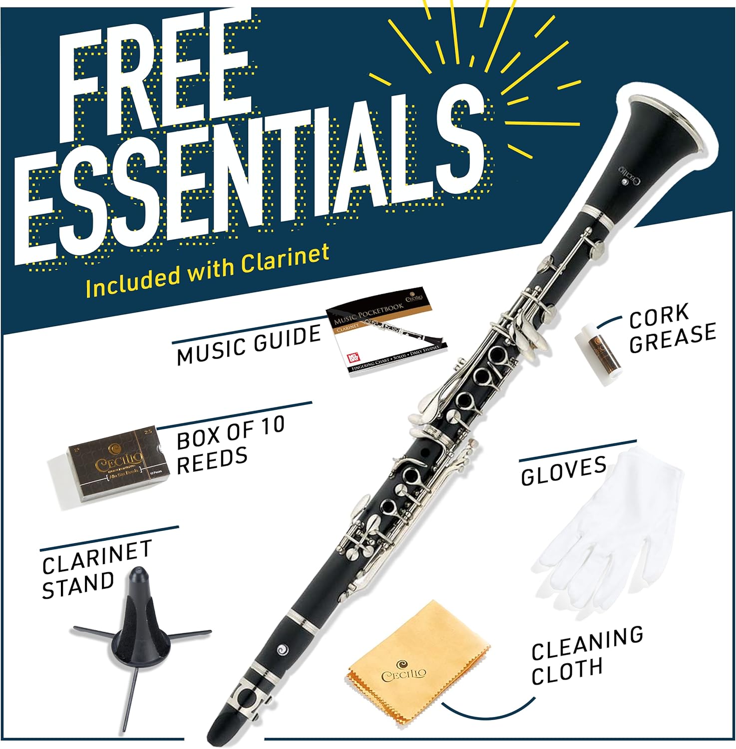 Mendini by Cecilio B Flat Clarinet for Beginner, Ebonite Bb Clarinet with 2 Replaceable Barrels, 10 Reeds, Stand, Pocketbook, Mouthpiece, Hard Case, Gloves (Black)