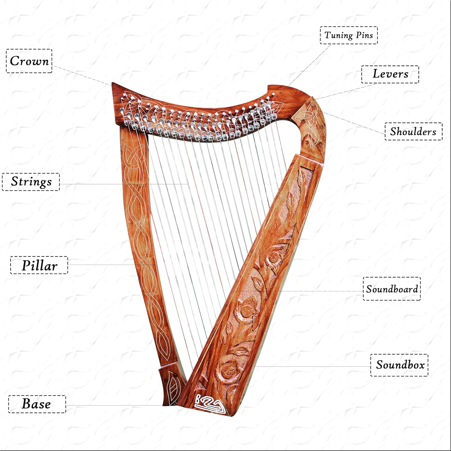 KZA BRAD'S 38 inches big 22 String harp SOLID ROSEWOOD WITH KEY Extra Strings & Carrying case Great for Teenagers
