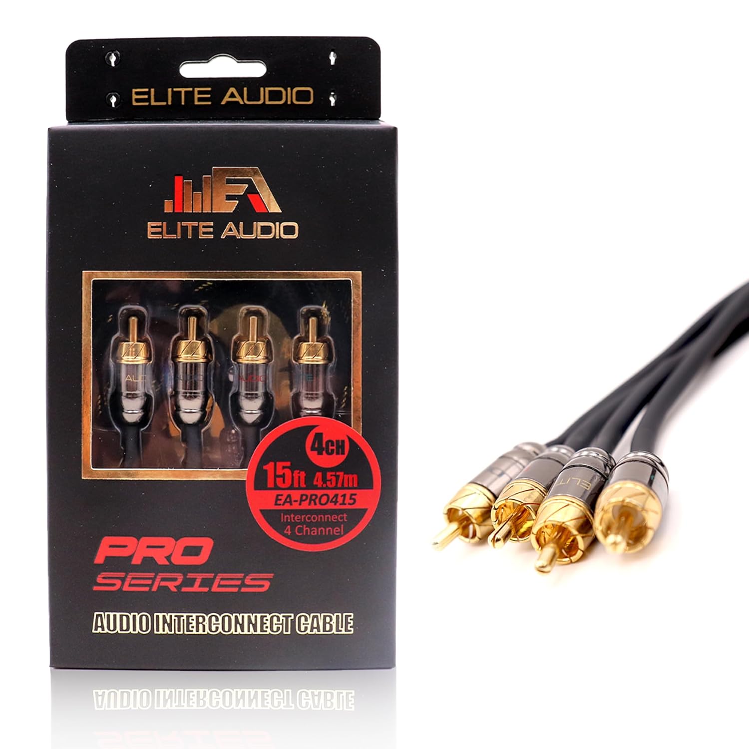 Elite Audio Pro Series 15ft. 4-Channel Car Audio RCA Cable - Triple Shielded, Brass Connectors, Oxygen Free Copper Noise Reducing Audio Cable for Amplifiers Subwoofers Speakers and Processors – PRO415