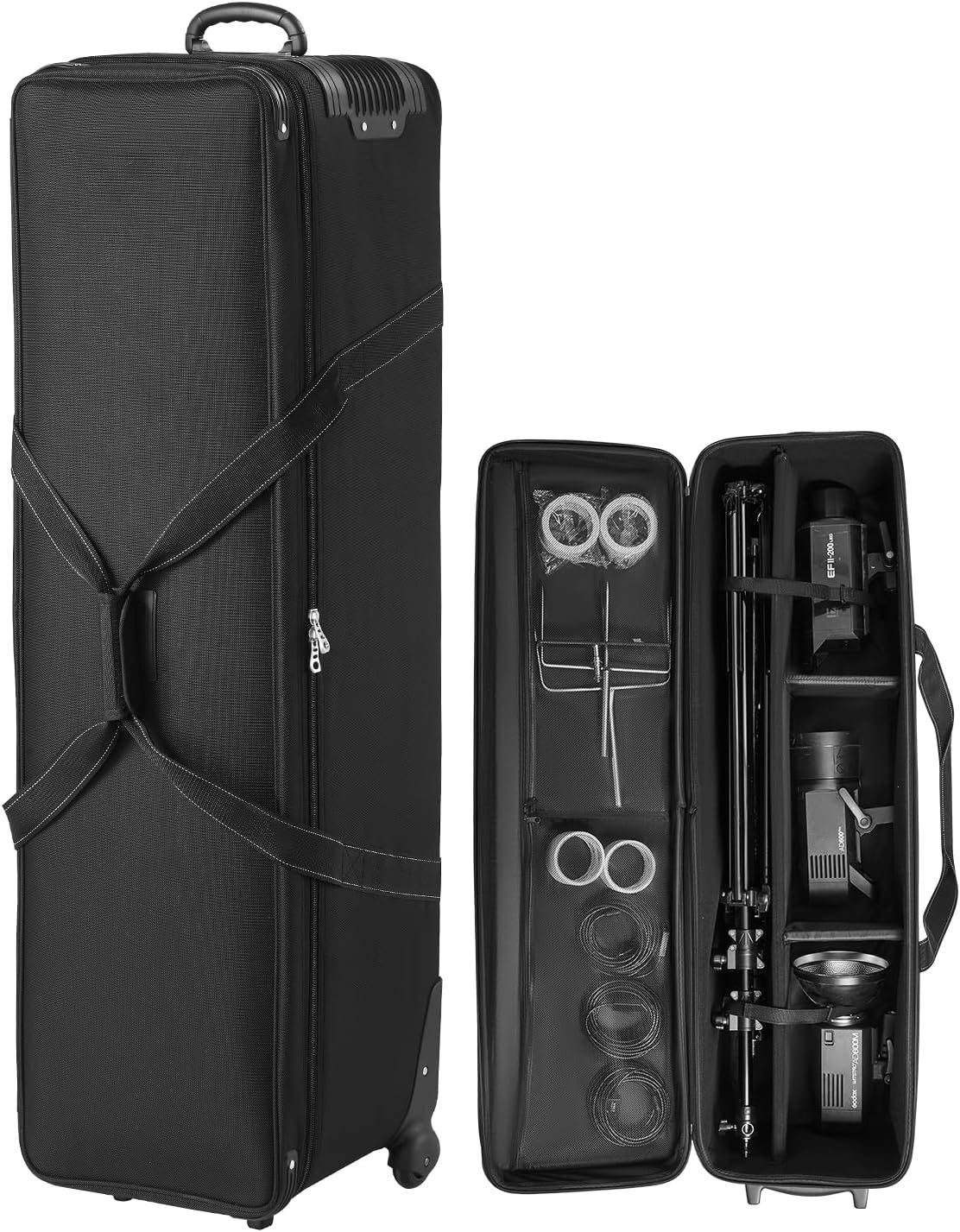 VEVOR Studio Equipment Trolley Case, 51.57 x 14.37 x 14.96 in / 131 x 36.5 x 38 cm, Rolling Camera Bag, Carrying Bag with Wheels Straps Padded Compartment Handle, for Light Stands, Tripods, Telescopes