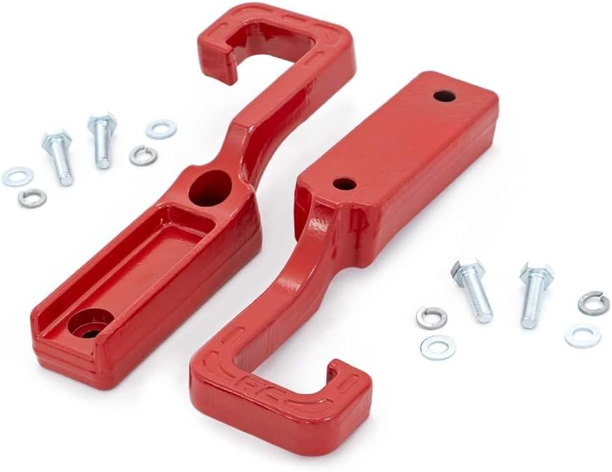 Rough Country Forged Red Tow Hooks for Jeep Grand Cherokee (2015-2022) - Heavy-Duty Front Recovery Points, Bolt-On Installation, Powder-Coated Steel (Pair)