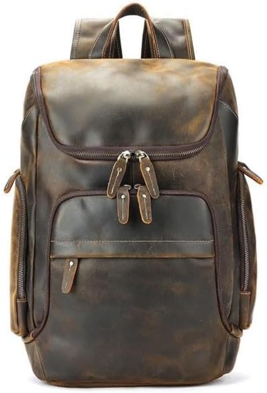 Retro Genuine Leather Backpack Casual Outdoor Portable Travel Bag for Men Gift Box (Coffee)