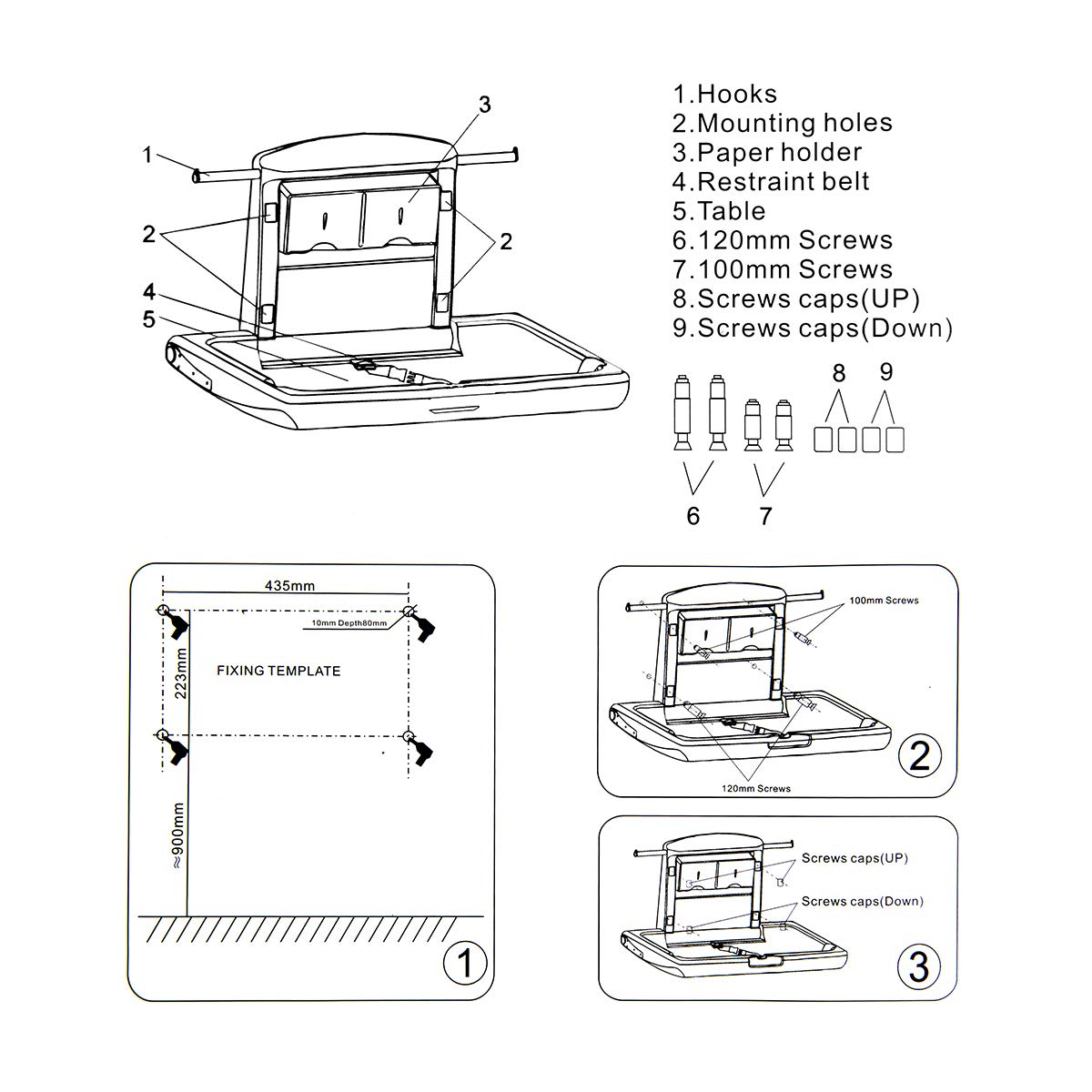 Fold-Down Baby Changing Diaper Station - Horizontal Wall Mounted, Sturdy & Durable with Safety Straps for Commercial Bathrooms, Granite