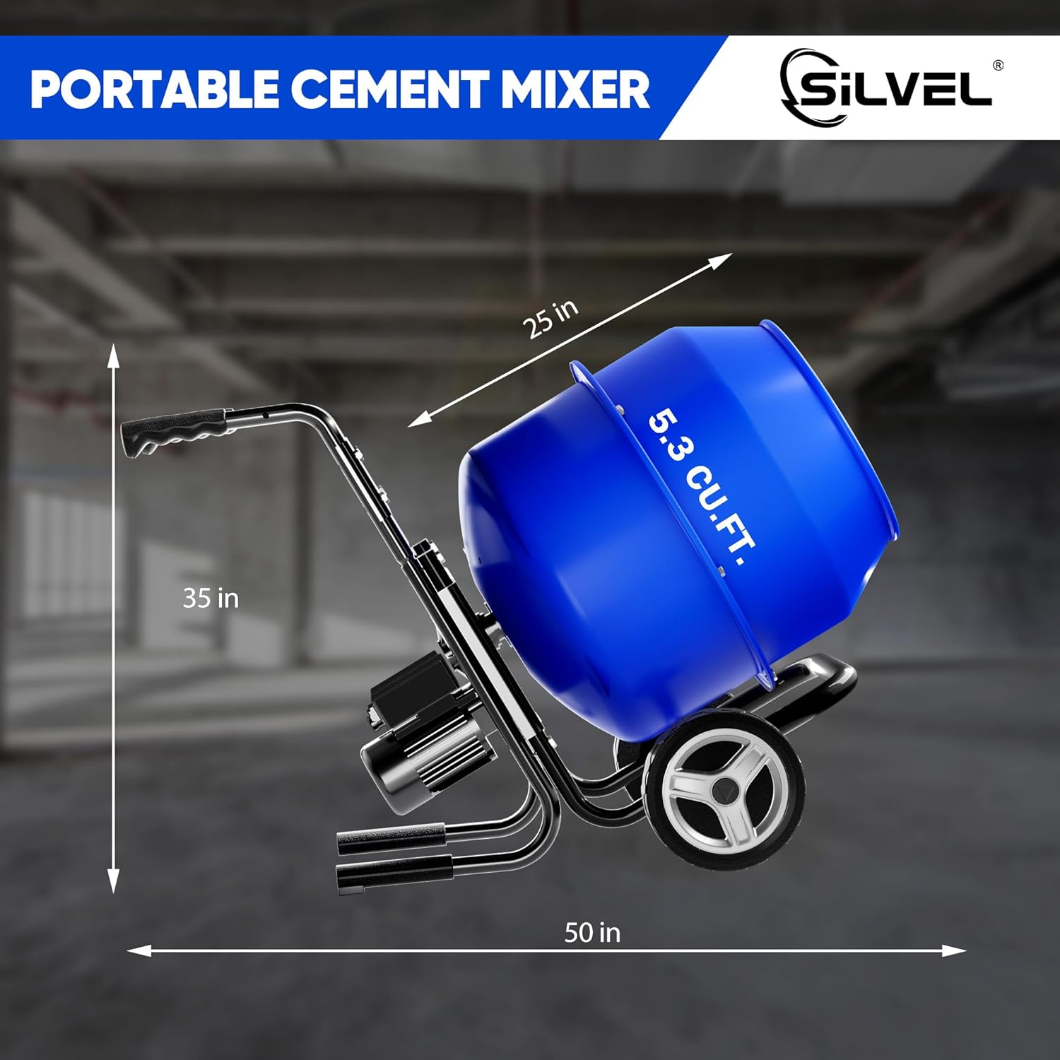 SILVEL 5.3 Cu.Ft. Cart-Mounted Concrete Mixer – 750W 1HP Electric Cement Mixer, Heavy Duty Mixing Machine for Mortar, Stucco & Fodder