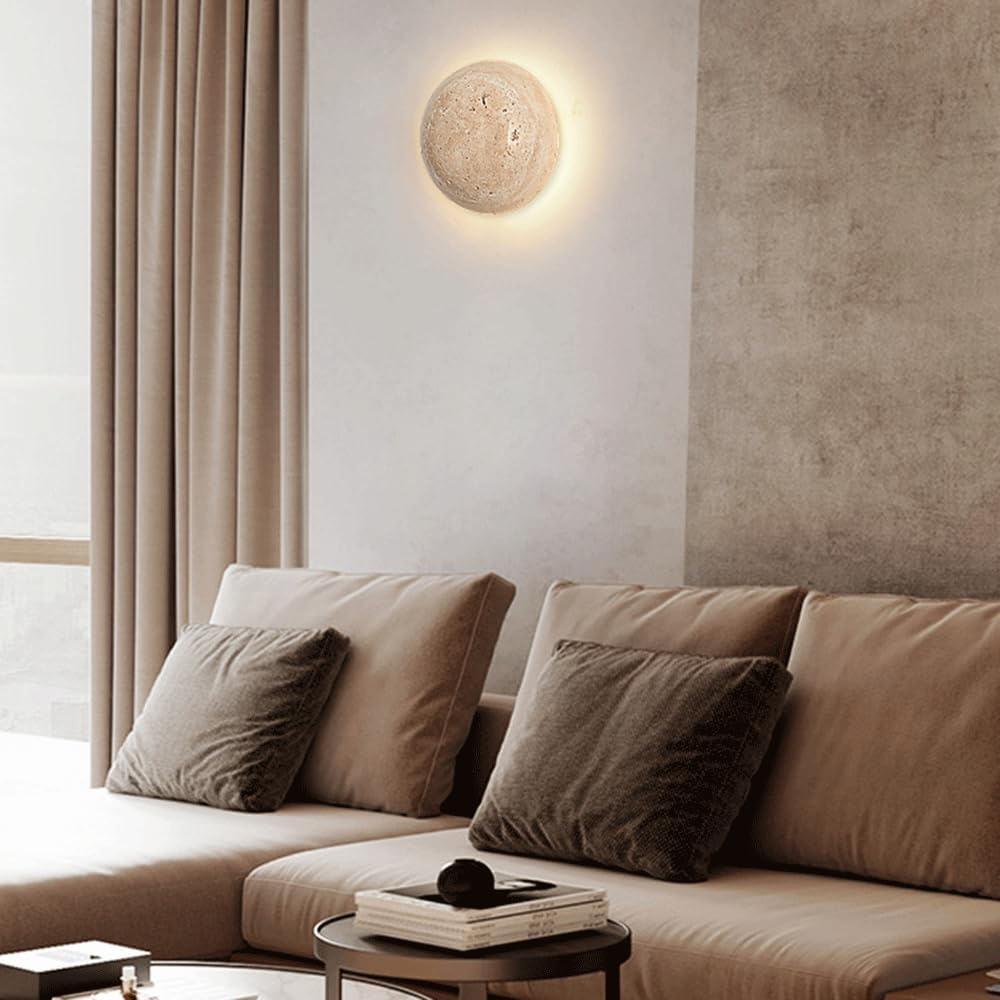 5.9in Round Natural Stone Shade Wall Light Corner Porch Wall Sconce LED Modern Wall Lamp Vintage Japanese Wabi Sabi Bedside Wall Lights Fixtures for Porch Workshop Kitchen Living Room