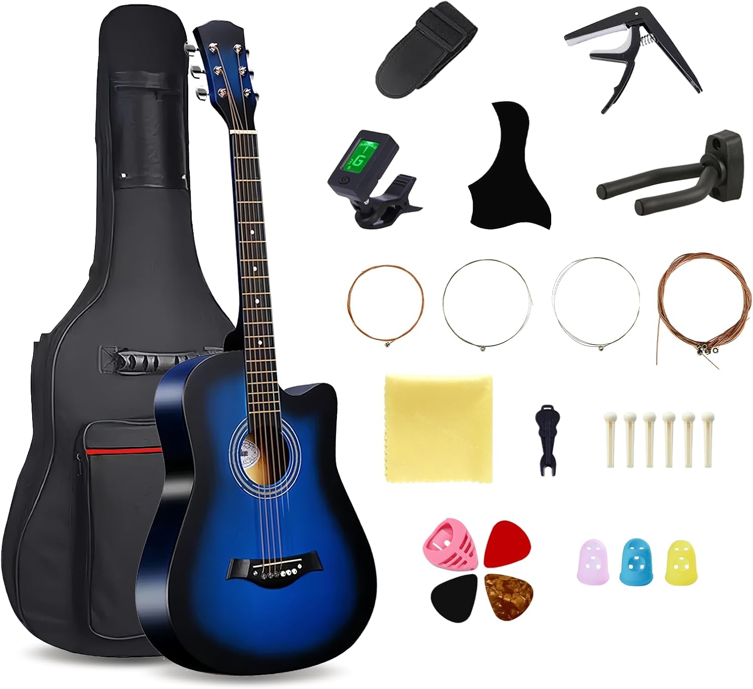 38'' Wood Acoustic Guitar, 6 Brass Acoustic Guitar Strings, Strap Buttons, Music Instrument With Guitar Bag and Beginner Kit for Beginner/Adult (Blue)