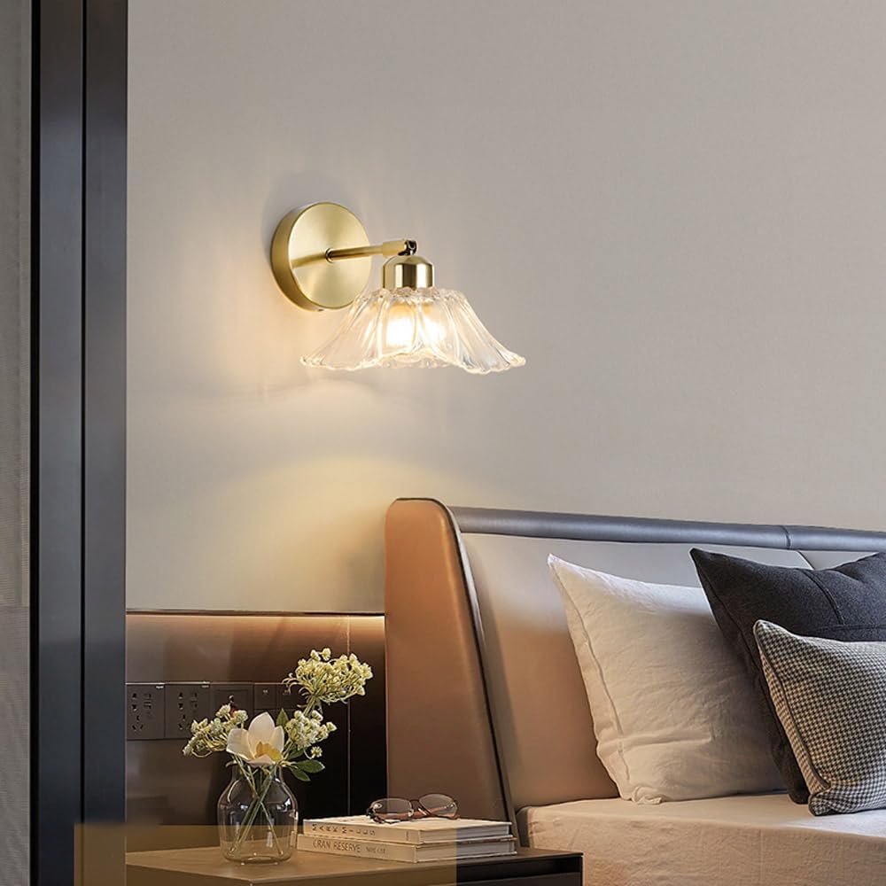 Vintage Wall Sconce Lighting, Indoor Wall Mount Lamp with Clear Glass Shade, 240° Adjustable Gold Wall Light Fixture Bedroom Decor Lamp for Bedside Living Room Corridor Stairs Dining Room