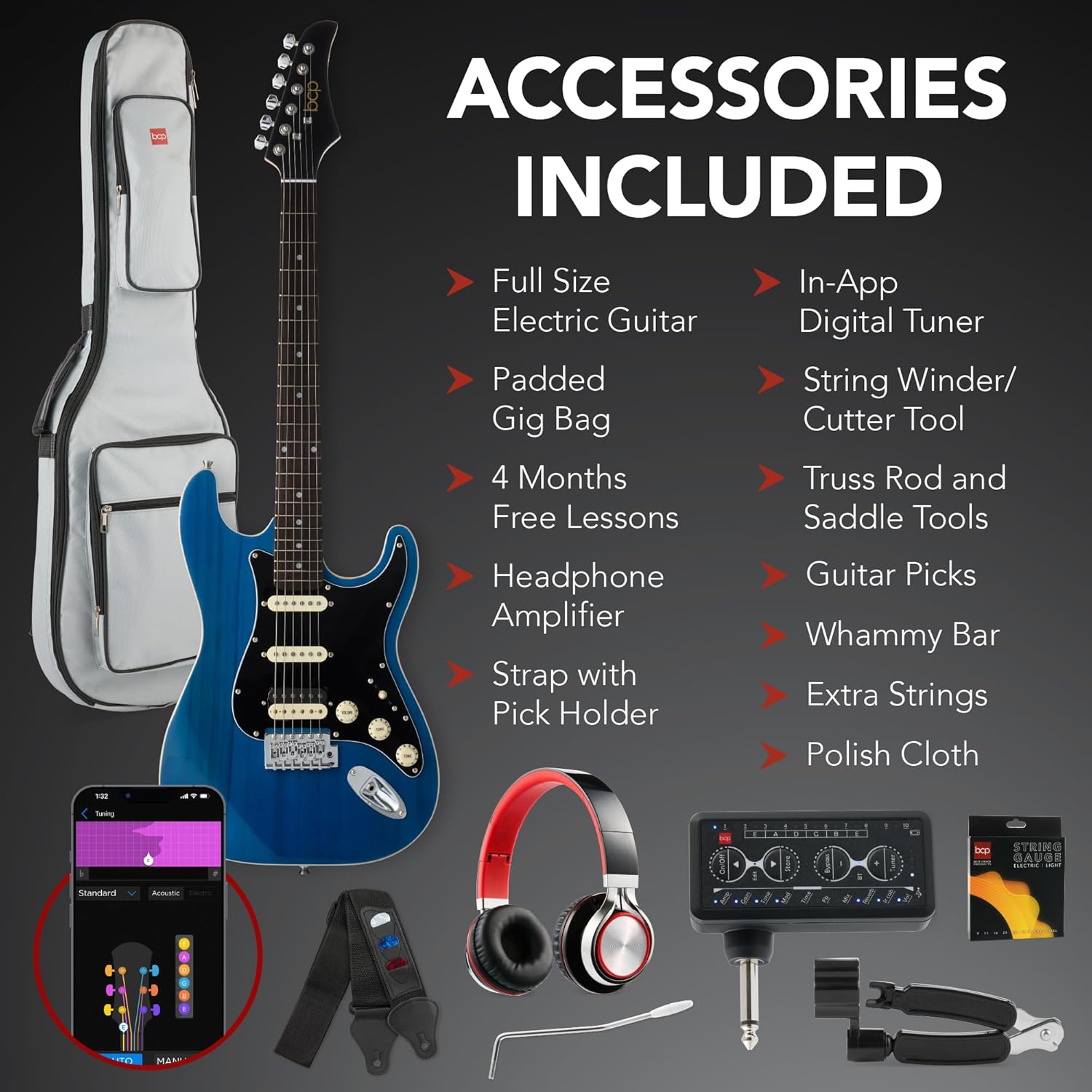Best Choice Products Beginner HSS Electric Guitar Kit w/Headphone Amp, Padded Gig-Bag, Headphones, Guitar Strap - Midnight Blue/Black
