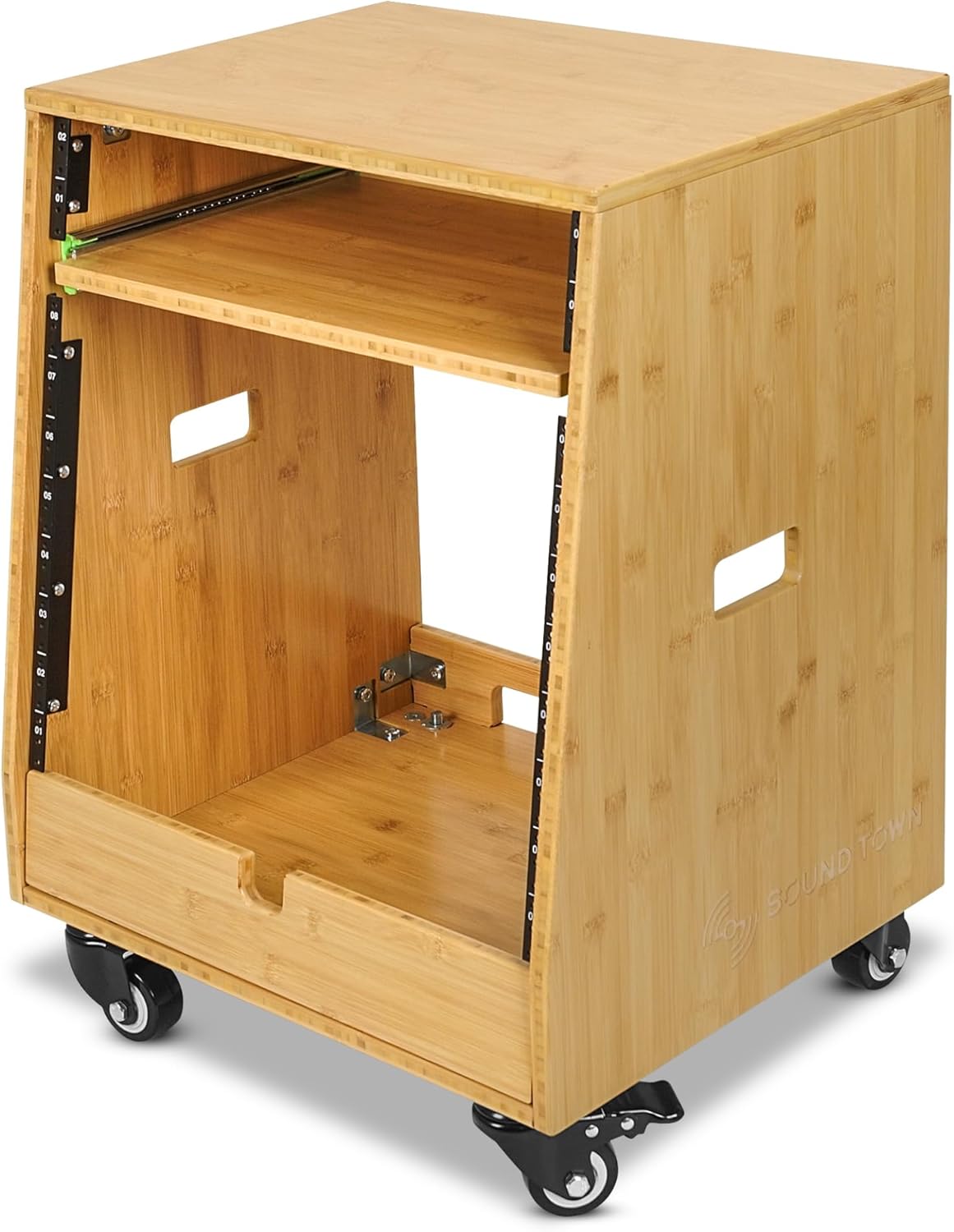 Sound Town DIY Solid Carbonized Bamboo Slanted 10U Studio Rack (2U Top + 8U Lower), with 2U Bottom Storage, Slide-Out Tray, Caster, For Recording Room, Home Studio (STBR-ST10T)