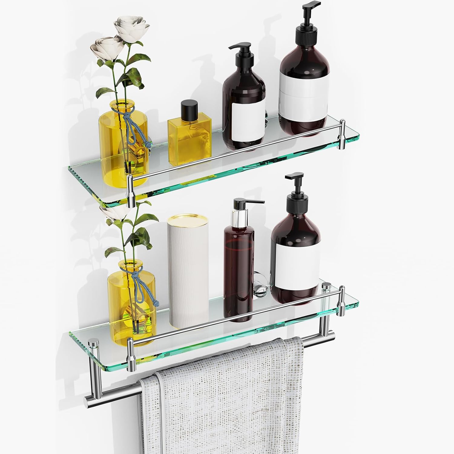 Glass Shelf for Bathroom 2 Pack,16-Inches Floating Glass Shelves Towel Bar/Track(Chrome Polished)
