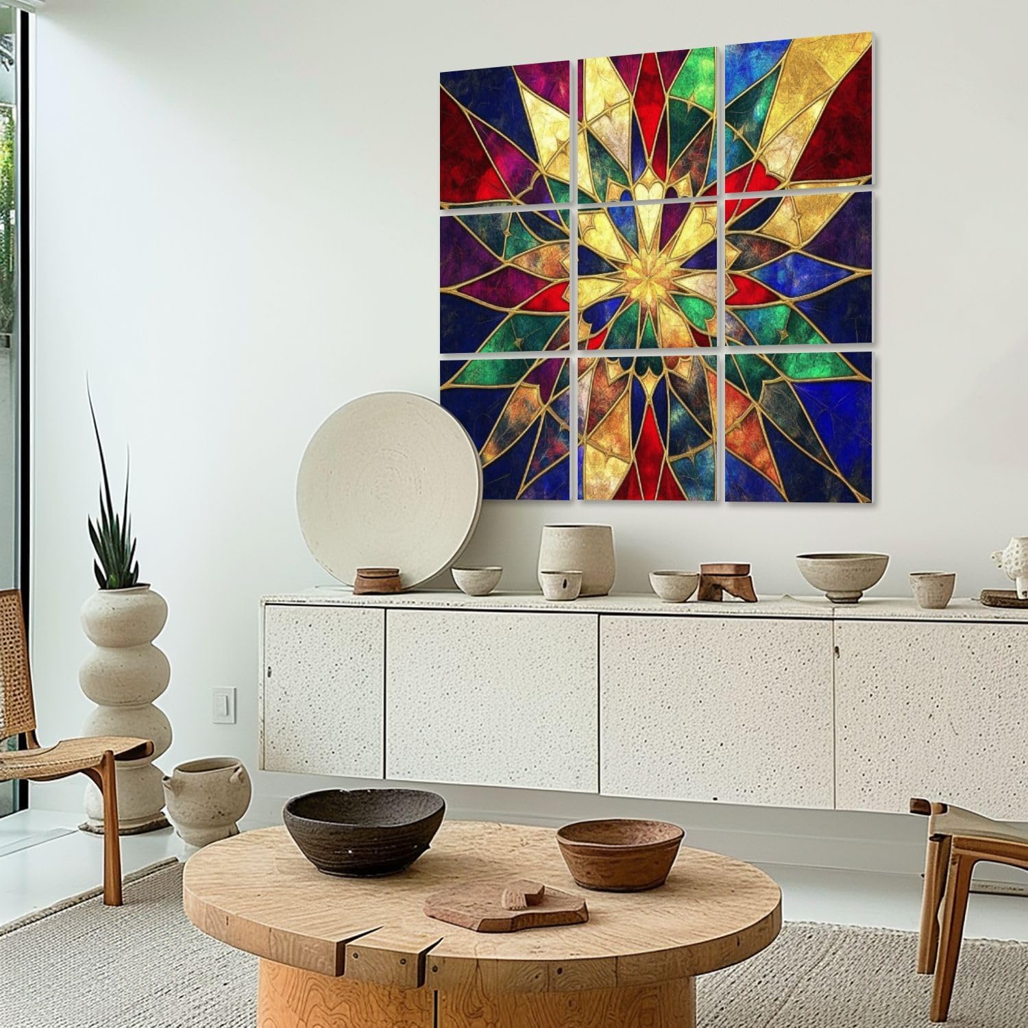 Art Acoustic Panels Self Adhesive Multicolored Geometric Burst Radial Symmetry Canvas Print 9 Packs Decorative Soundproof Wall Panels Large Sound Absorbing Panels for Home Office 60