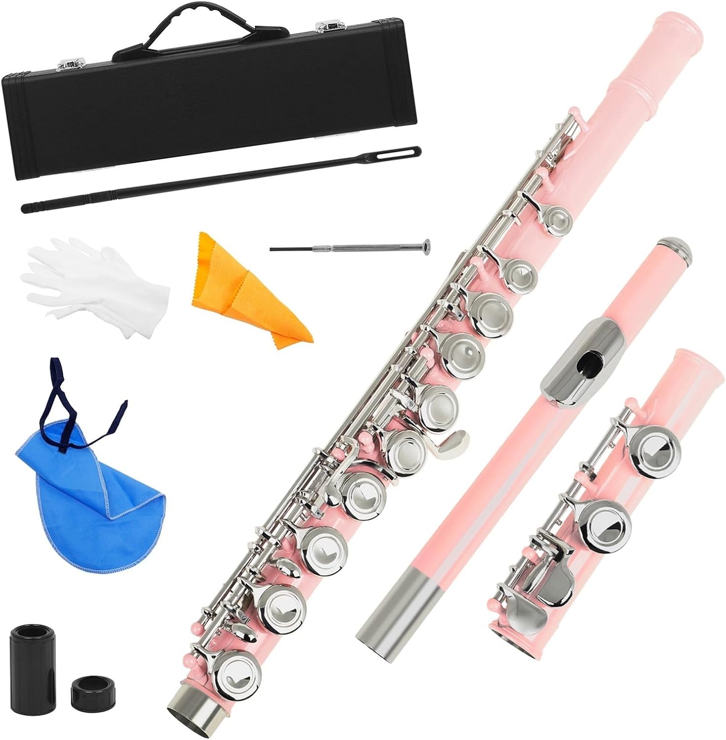 Flute Flute Nickel-Plated Brass 16 Hole C Key Woodwind Instrument with Padded Case Flutes Musical Instruments (Color : Pink)
