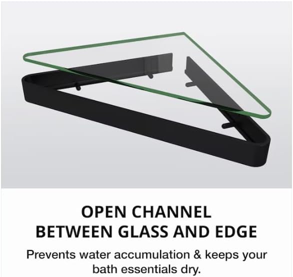 Wall Mounted Glass Corner Shelf for Bathroom, Matte Black, Tempered Glass with Built-in Ledge, 150 lb Capacity