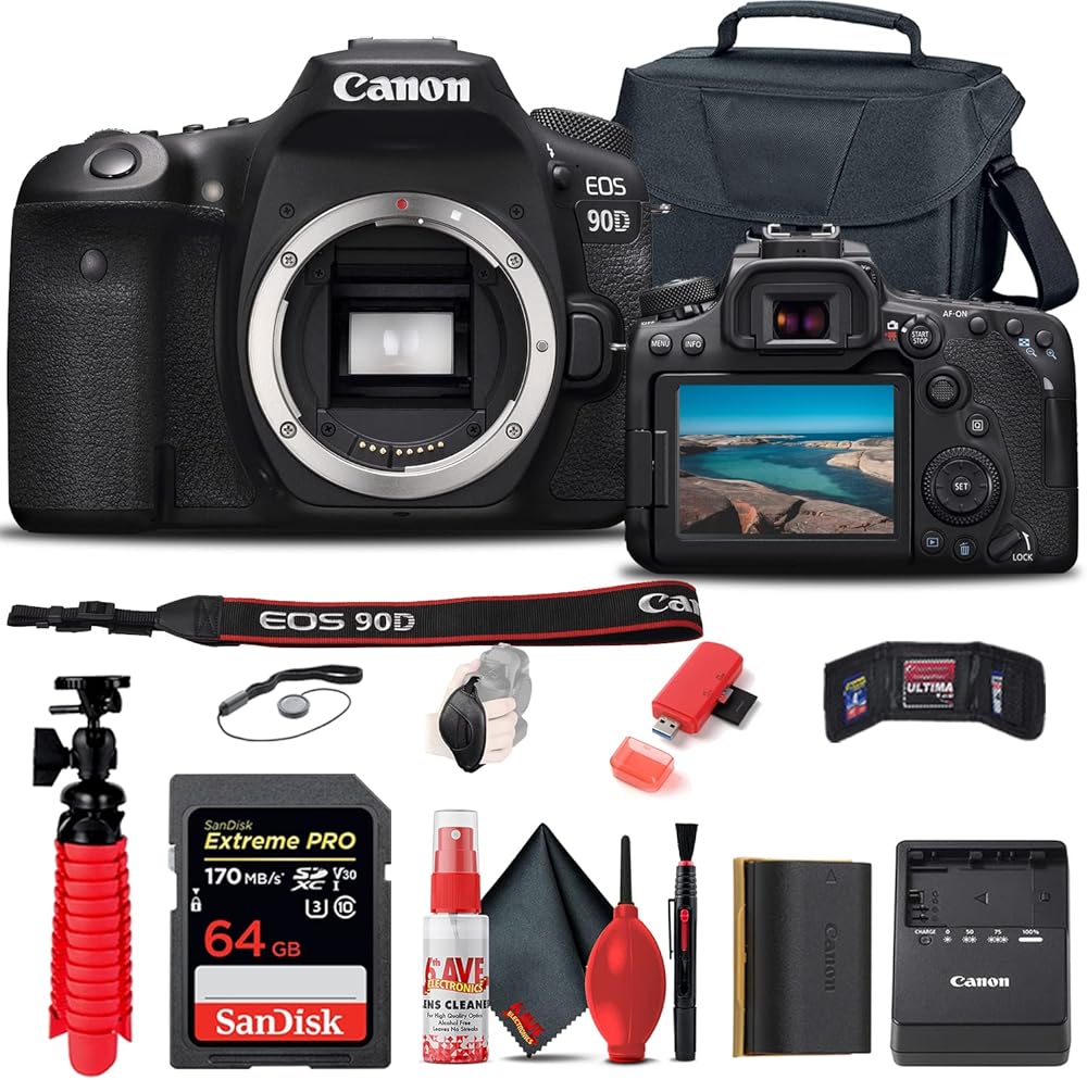 Canon EOS 90D DSLR Camera (Body Only) (3616C002) + 64GB Memory Card + Case + Card Reader + Flex Tripod + Hand Strap + Cap Keeper + Memory Wallet + Cleaning Kit (Renewed)