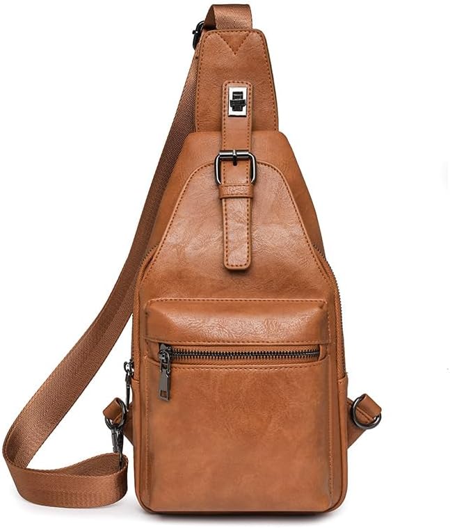 Small Anti-Theft Sling Bag for Men, Waterproof Genuine Leather Crossbody Fanny Pack with Adjustable Strap (Brown)