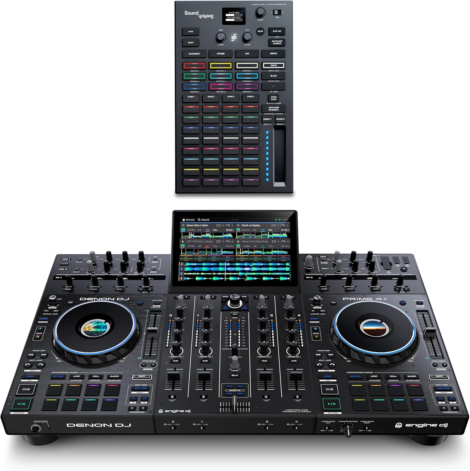 Denon DJ PRIME 4+ DJ Controller and DMX Lighting Controller for Live Music, DJ sets, Events, Music production