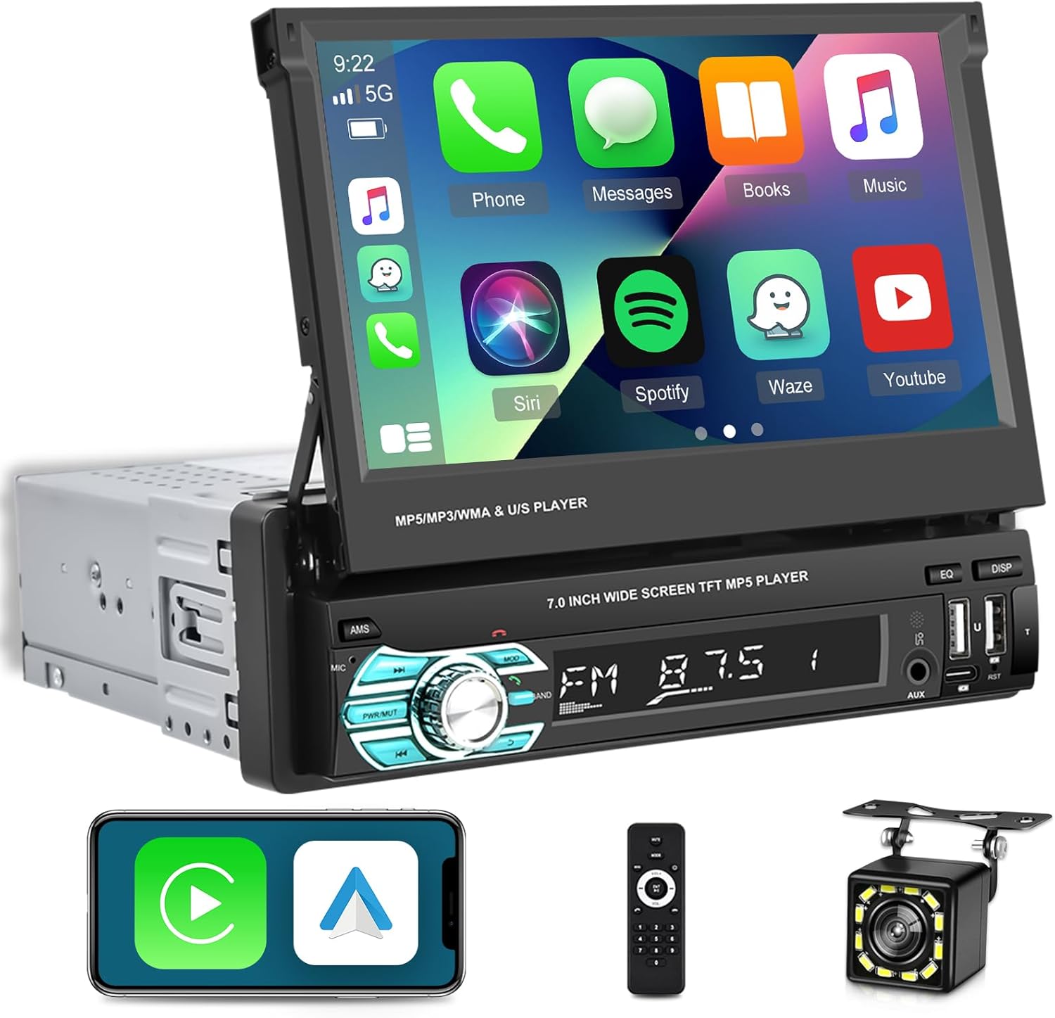 Single Din Flip Out Screen Car Stereo with Wireless Carplay and Android Auto, 7 inch 1 Din Touch Screen Radio Support Bluetooth/SWC/USB/FM + Backup Camera + Mic + Remote Control